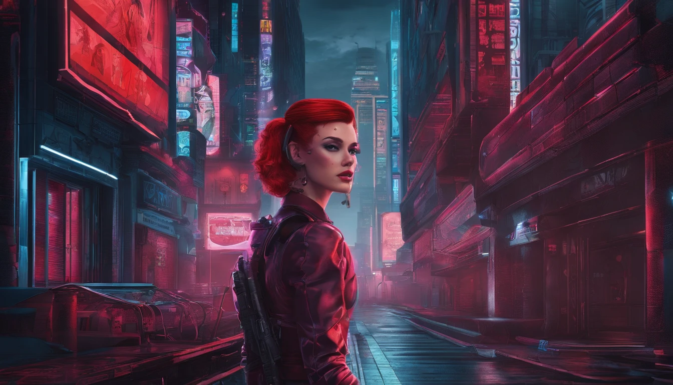 There's a cyberpunk woman with cyborg elements on her face standing in a cyberpunk city alley at night, punk hairstyle, red hair, crest haircut, dark knight movie aesthetic, darksynth aesthetic, red neons, beautiful woman, haze, foggy night, horror cyberpunk, noir aesthetic, sci fi thriller aesthetic, ultra detailed, photorealistic.