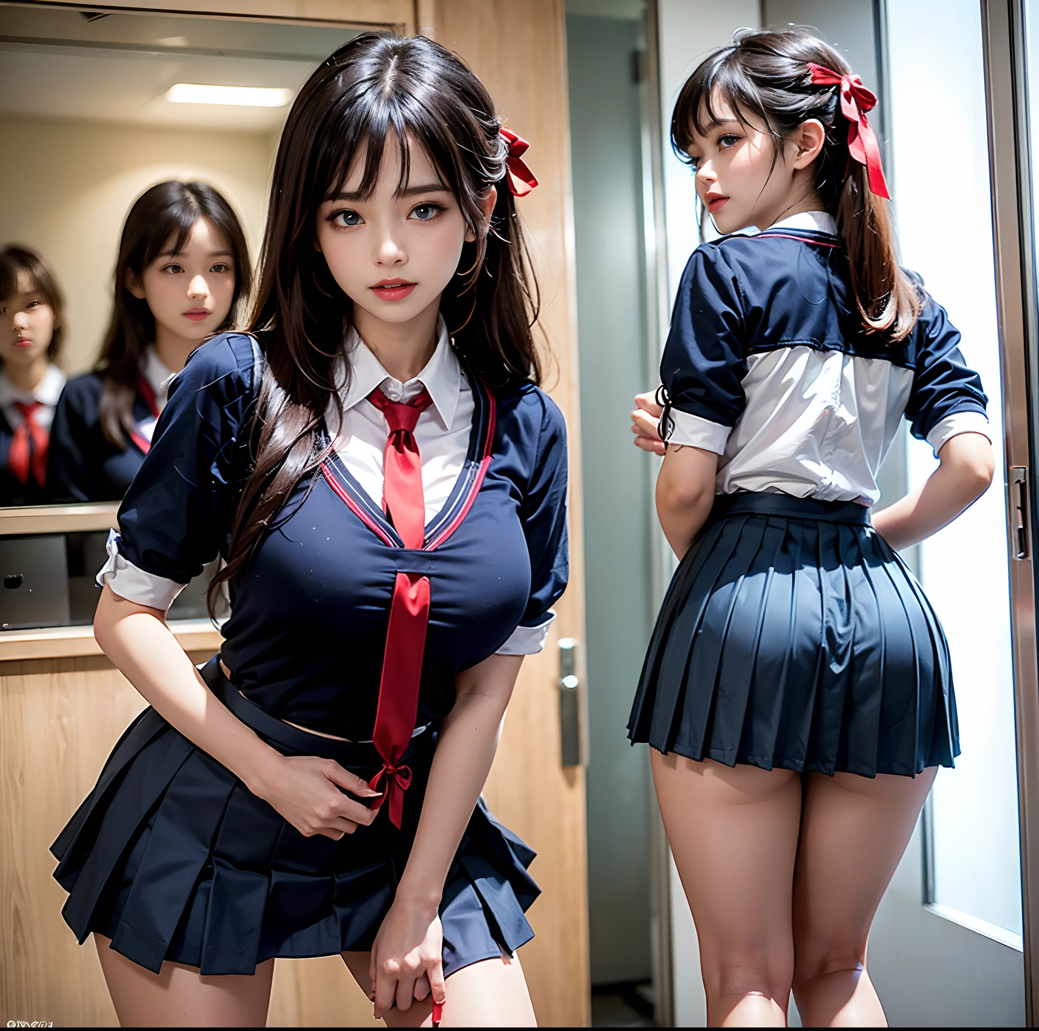 top-quality, masterpiece, (Professional lighting without shadows), A hyper-realistic, Bewitching, perfect anatomia, Two girls, (Proudly stand in front of the camera、Girl showing off ribbon tie, Another girl on the other side, Bend over and stick your butt out towards the camera), ( Huge breasts:1.3), (Bright and even whitening skin without wrinkles and steps), (Bright beautiful blue eyes with long eyelashes and red tear bags reflected light:1.3)、 (Braided half-up hair with bangs), (Her costume is a high school girl uniform but she dresses up with a super mini pleated skirt length very short.:1.4), (Proudly showing off a crimson ribbon tie from the front:1.4), (Another girl on the other side、To beautifully emphasize the proud ultra mini pleated skirt、Showing off a pose with the buttocks exposed from directly behind:1.3), (Beautiful face squinting in dazzling light:1.4), ssmile,