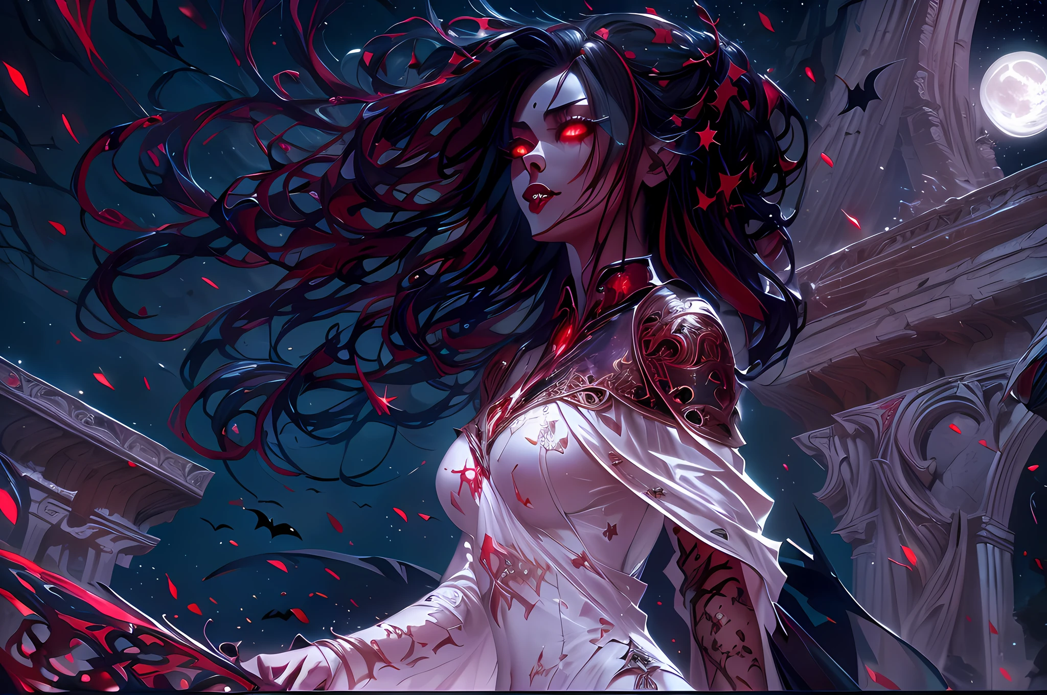 a picture of an exquisite beautiful female vampire standing under the starry night sky on the porch of her castle, dynamic angle (ultra detailed, Masterpiece, best quality), ultra detailed face (ultra detailed, Masterpiece, best quality), ultra feminine, (black skin: 1.3), black hair, wavy hair, dynamic eyes color, cold eyes, glowing eyes, intense eyes, dark red lips, [fangs], wearing white dress (ultra detailed, Masterpiece, best quality), wearing blue cloak (ultra detailed, Masterpiece, best quality), long cloak, flowing cloak (ultra detailed, Masterpiece, best quality), wearing high heeled boots, sky full of stars background, moon, bats flying about, high details, best quality, 8k, [ultra detailed], masterpiece, best quality, (ultra detailed), full body, ultra wide shot, photorealism, dark fantasy art, dark fantasy art, gothic art, many stars, dark fantasy art, gothic art, sense of dread, bloodmagic