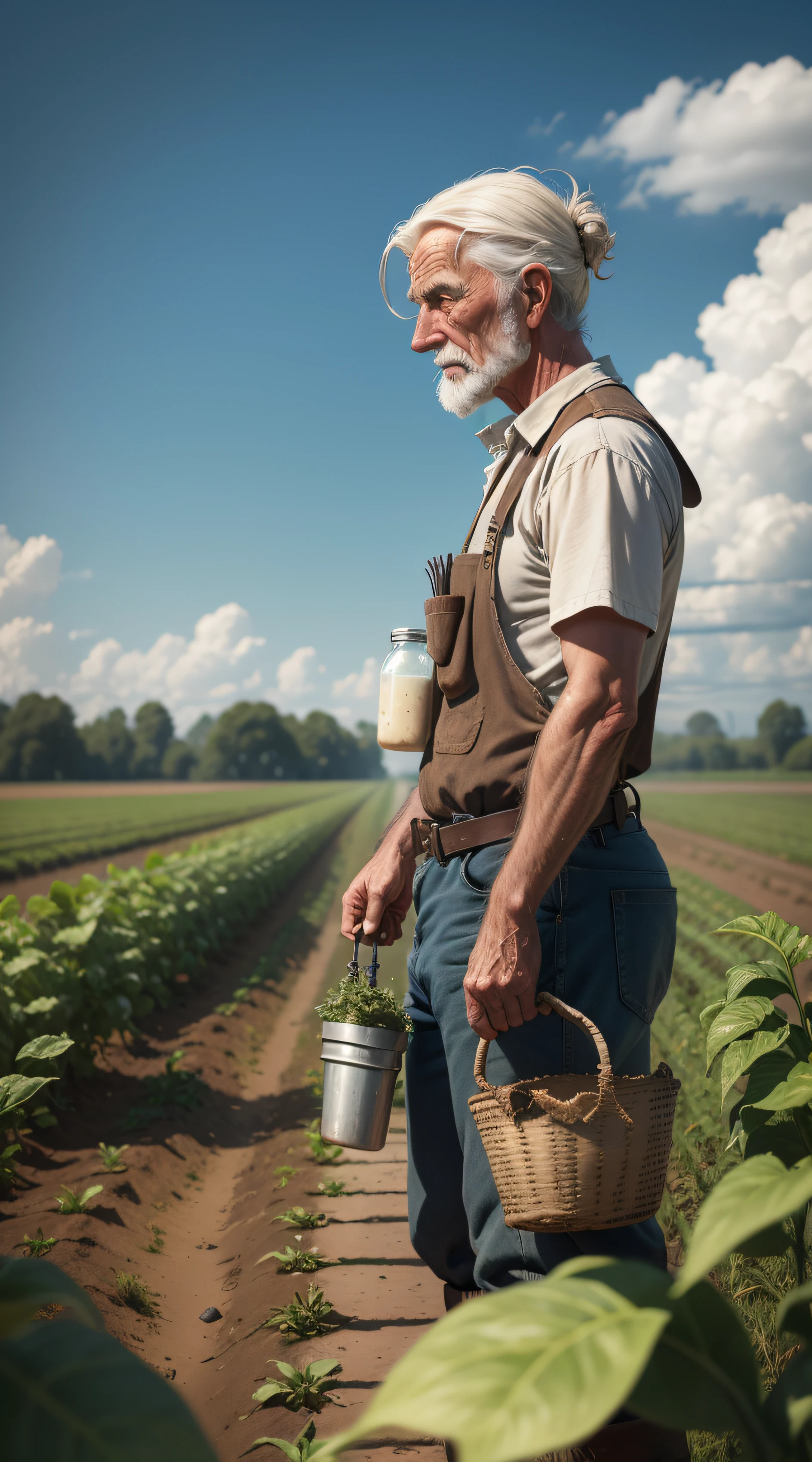An Old Farmer in a Dystopian Future, struggles to produce food on the crop, controlled by large corporations, We have to deal with chemical pesticides and a lack of natural resources, Dreaming of simpler and more sustainable times.