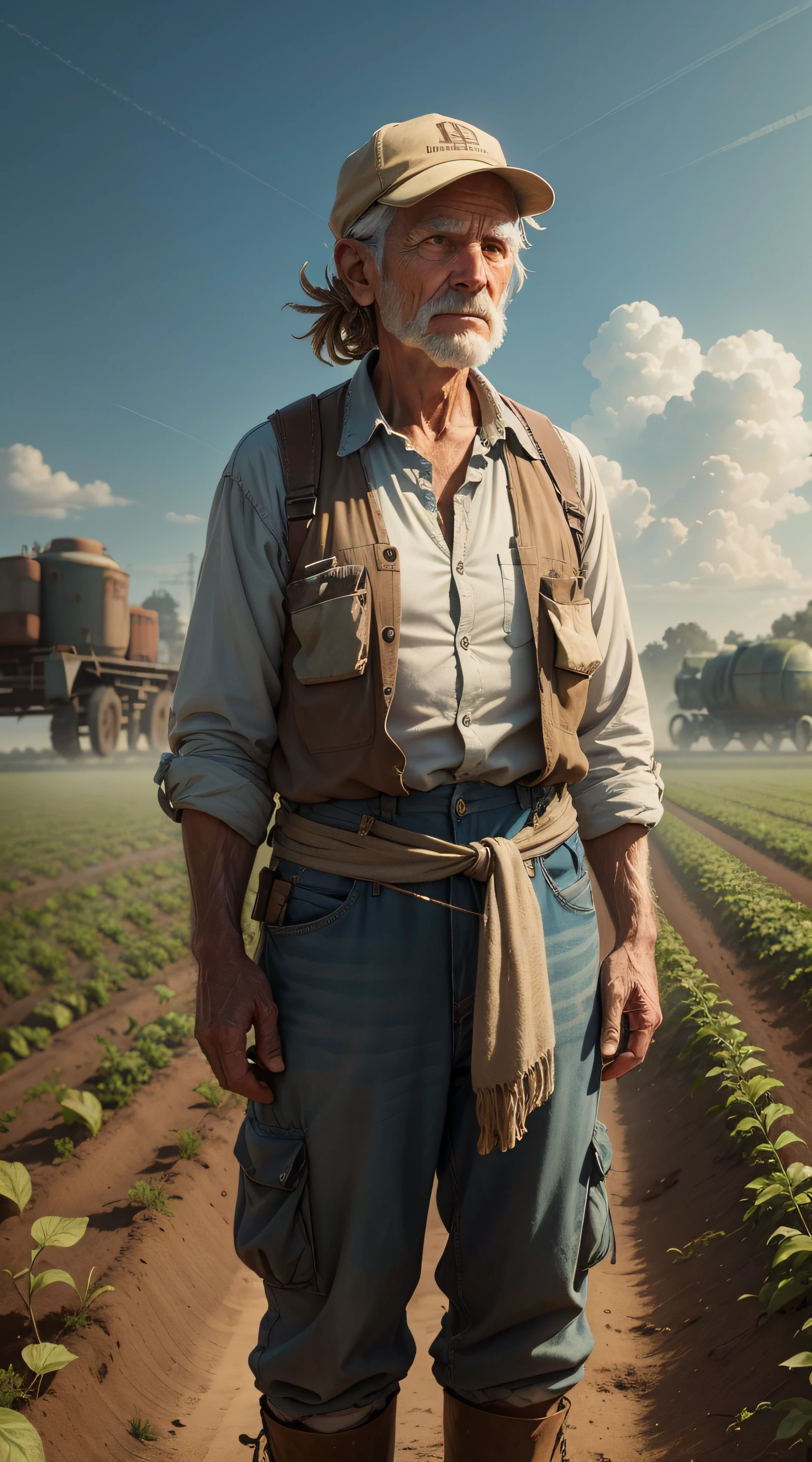 An Old Farmer in a Dystopian Future, struggles to produce food on the crop, controlled by large corporations, We have to deal with chemical pesticides and a lack of natural resources, Dreaming of simpler and more sustainable times.