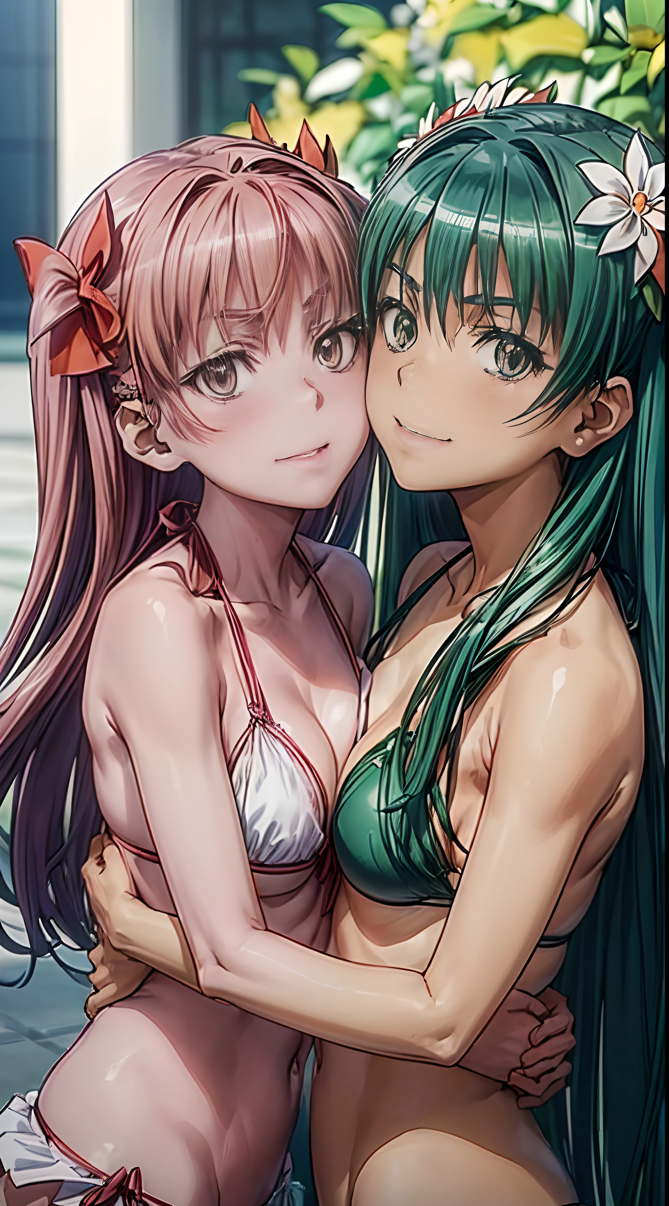 femele,,((())),(((Nariko Saten)))(Kuroko Shirai)(((Two people hugging each other and putting their breasts together))(((smil))),stares at the camera,(((maikurobikini)))swimming pools,Best Quality, masutepiece, Extremely detailed, High resolution, 4K, Ultra High Resolution, Detailed shadows, Perfect Light and Shadow,