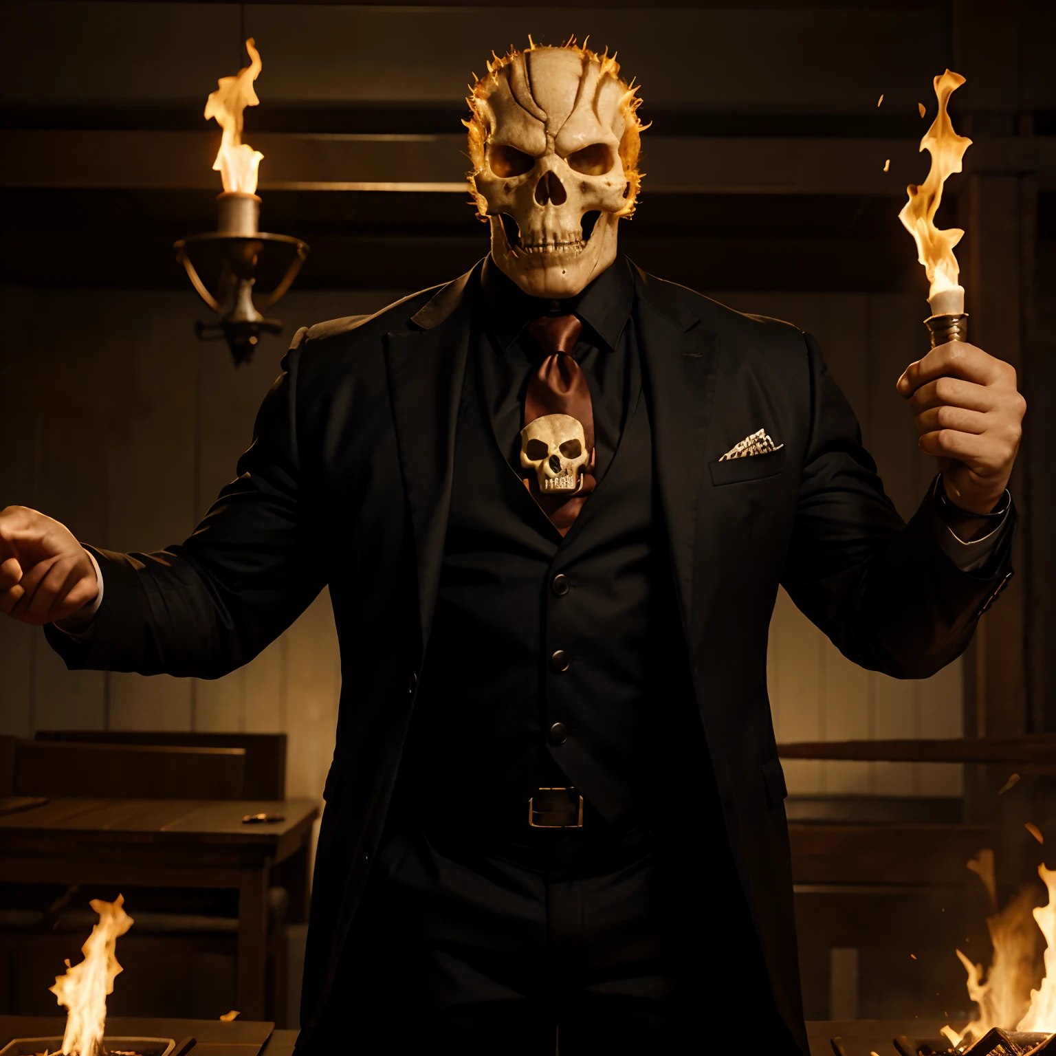 Ghost rider , muscled with huge pecs , hugge torso , huge arms , with a skull head like with fire , in suit with a tie ans spikes