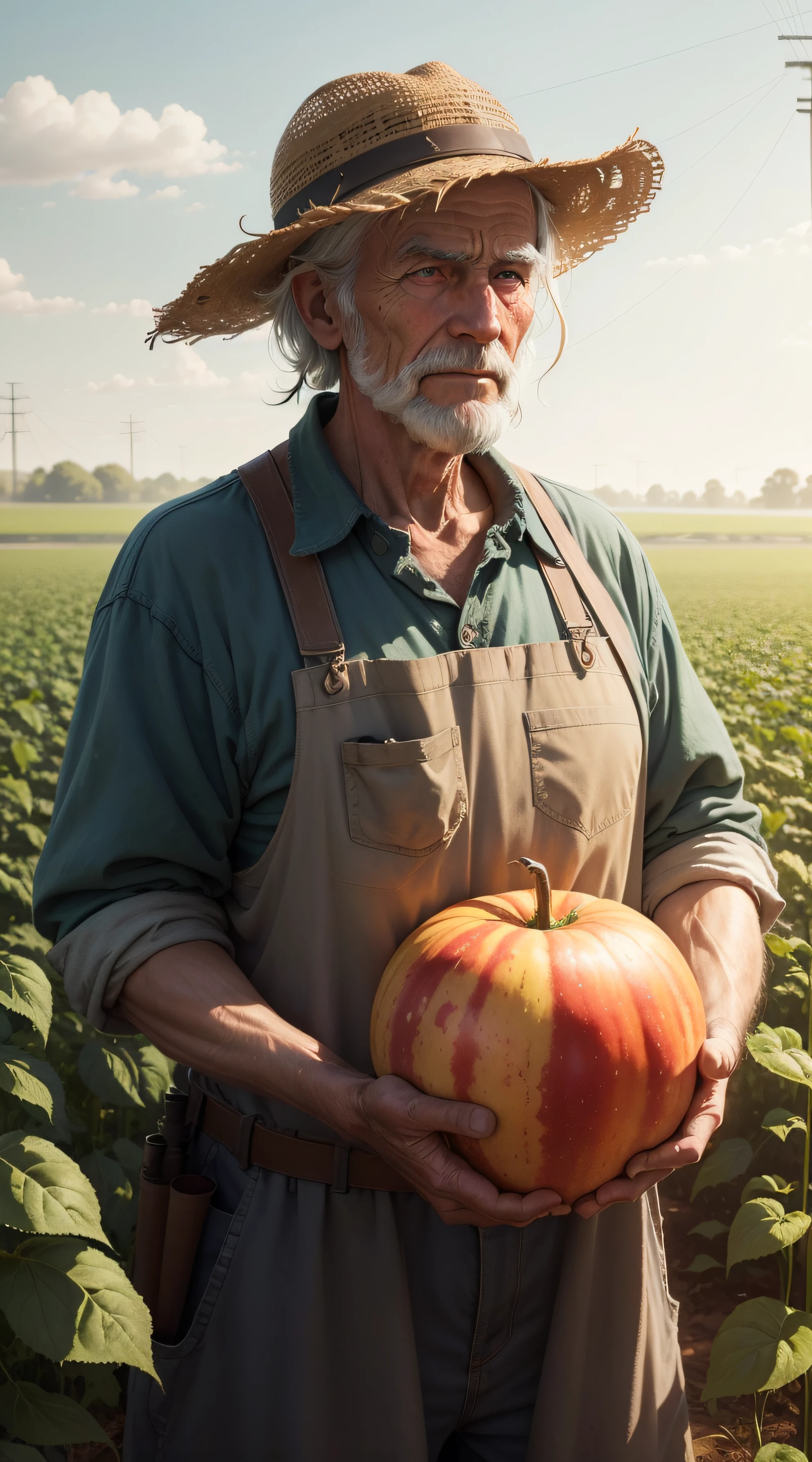 An Old Farmer in a Dystopian Future, struggles to produce food on the crop, controlled by large corporations, We have to deal with chemical pesticides and a lack of natural resources, Dreaming of simpler and more sustainable times.