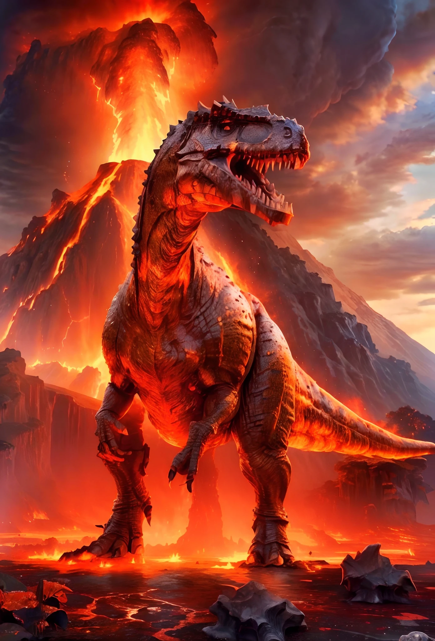 (8K, Highest quality, high resolution, Super detailed), Ancient volcanoes, Major eruptions, Triceratops standing on the ground, molten lava, Shiny red magma, Flowing magma, A massive eruption that wiped out dinosaurs, Black smoke, Lava meteors, natural disaster, Burning earth, theelementoffire