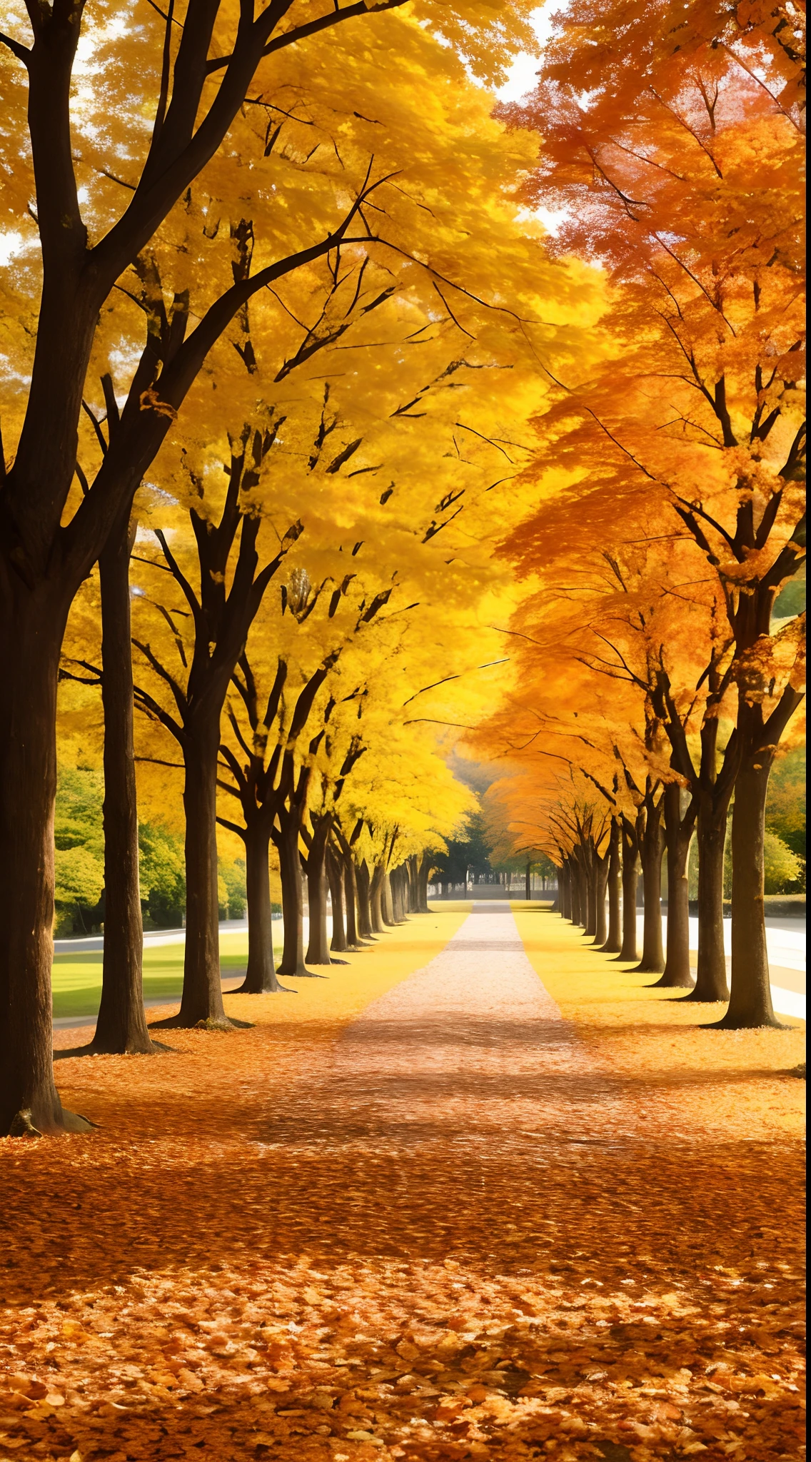 Trees with autumn leaves on the ground,The background is a building, magical leafs falling, in fall, in fall, autumn leaves on the ground, warm beautiful scene, Autumn leaves fall, Really beautiful nature, fall season, red trees, nature in all its beauty, during fall, in fall, Autumn! colours, hyperrealistic fall, fall foliage