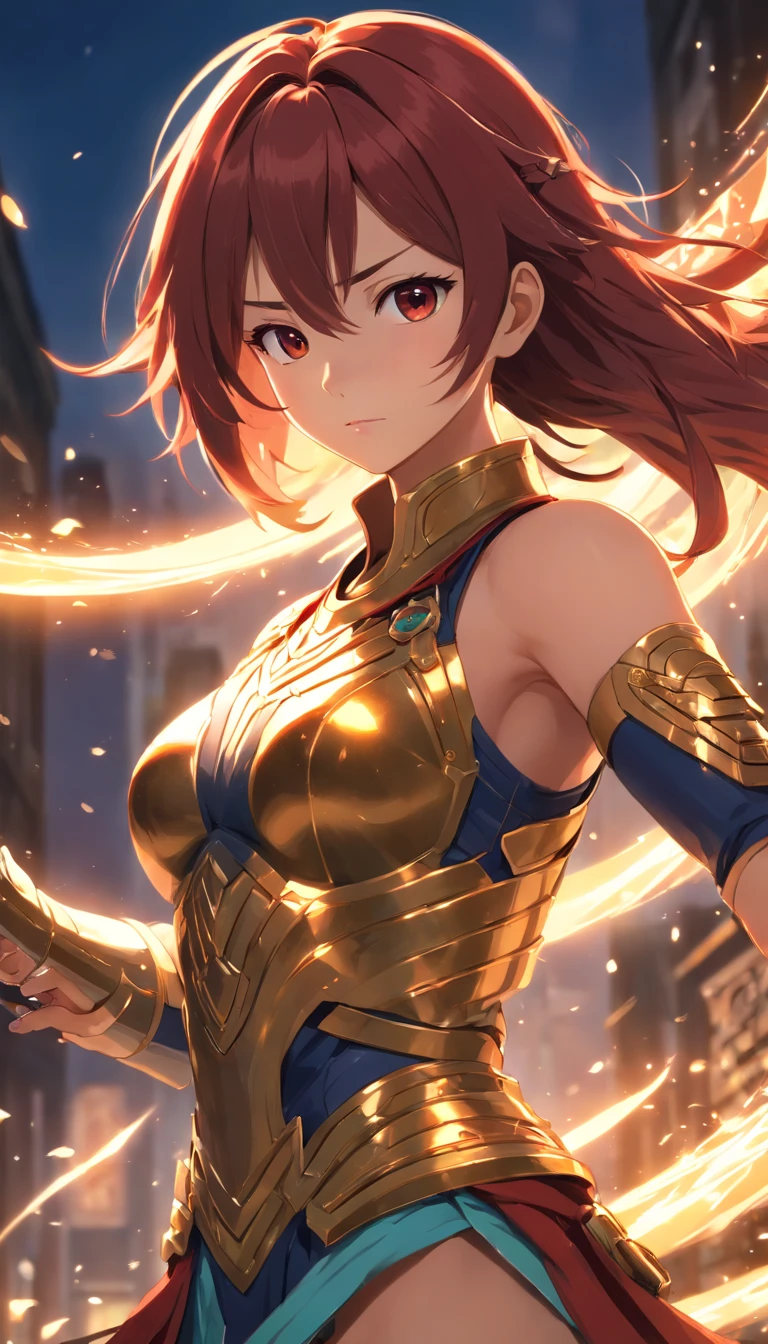 Tall muscled defined woman, detailed armor, red and gold engraved leather Cuirass, intricate designs on the Cuirass, intricate Cuirass engravings, imposing and powerful stance, fierce expression, red wild mane braided hair, dynamic pose, intense battle scene, fantasy setting, vibrant colors, dramatic lighting, epic atmosphere, mythical creatures in the background, magical effects surrounding the sword, attention to anatomy and facial features, iconic use of highlights and shadows, capturing emotion, masterful composition, portraying strong female characters. (best quality, 4k resolution, highres, ultra-detailed, photorealistic:1.37), HDR lighting, studio-quality rendering, professional-quality artwork based on yoshitaka amano work.