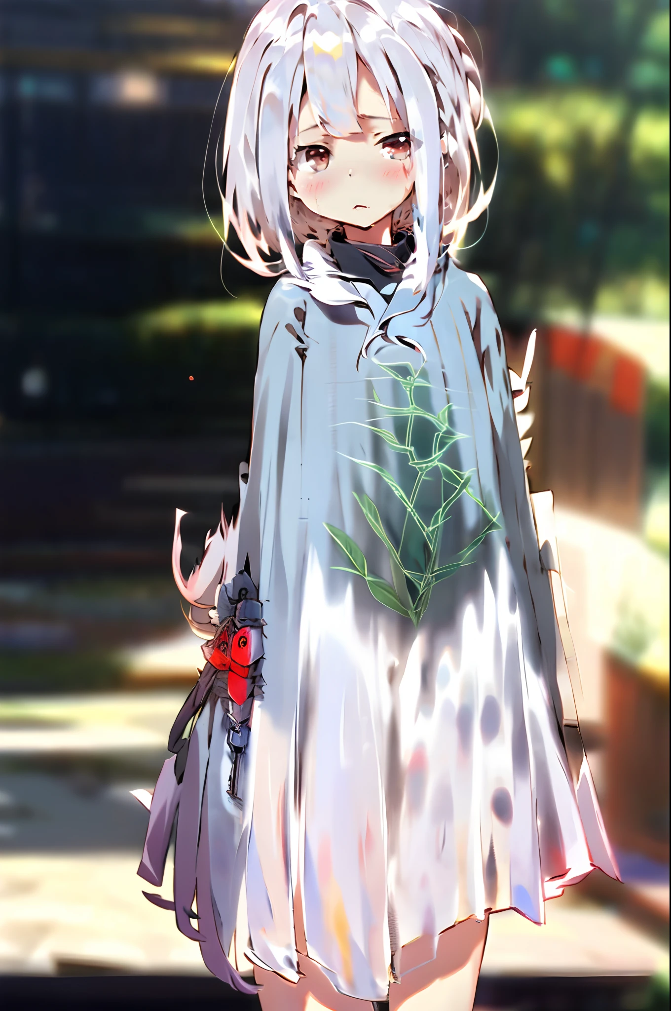 quadratic element，Silvery-white hair，red color eyes，Clothes are more everyday，adolable，small loli，full bodyesbian，Smart、