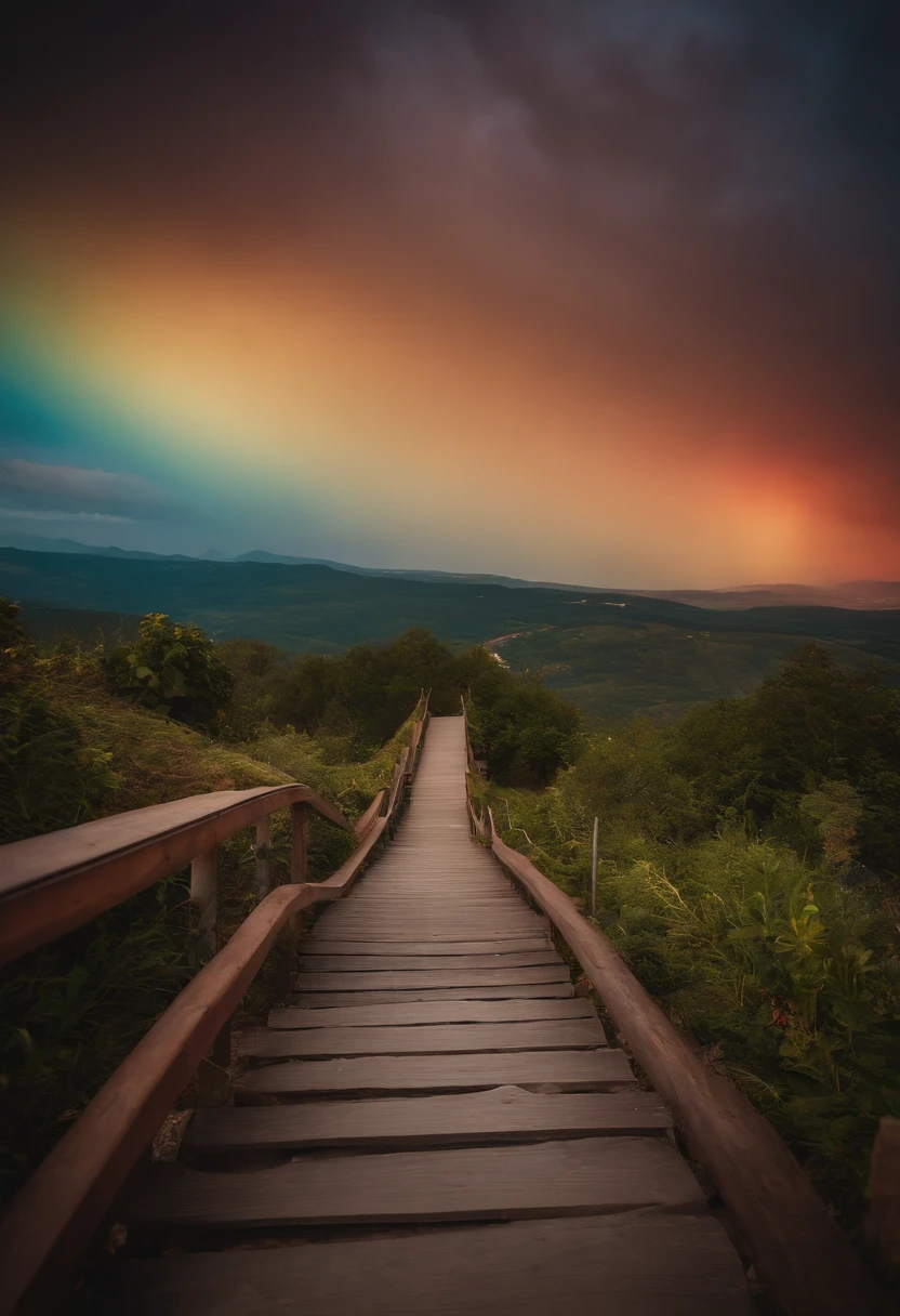 Close-up of the stairs leading to the rainbow sky, stairway to heaven, A very colorful heaven, stairs from hell to heaven, Leading to the Sky, Rainbow clouds, Colors of Heaven, Rainbow Trail, Colorful sky, Rainbow clouds, Heaven!!!!!!!!, rainbow, Rainbow colors, Psychedelic sky, In beautiful colors, Irridescent color, colorful dream, colorful skies