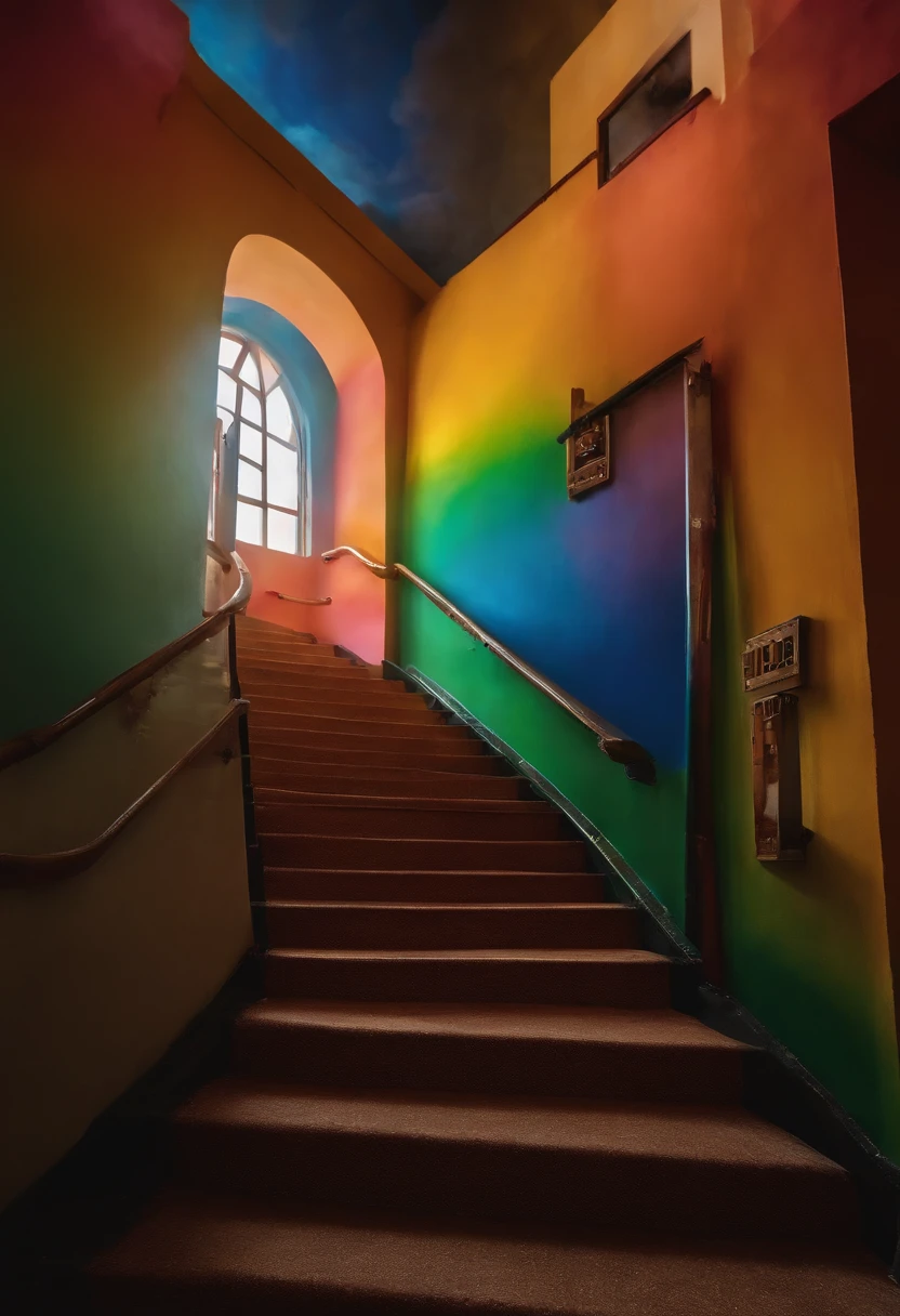 Close-up of the stairs leading to the rainbow sky, stairway to heaven, A very colorful heaven, stairs from hell to heaven, Leading to the Sky, Rainbow clouds, Colors of Heaven, Rainbow Trail, Colorful sky, Rainbow clouds, Heaven!!!!!!!!, rainbow, Rainbow colors, Psychedelic sky, In beautiful colors, Irridescent color, colorful dream, colorful skies