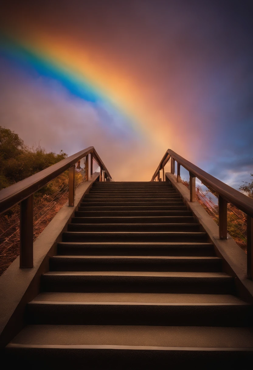 Close-up of the stairs leading to the rainbow sky, stairway to heaven, A very colorful heaven, stairs from hell to heaven, Leading to the Sky, Rainbow clouds, Colors of Heaven, Rainbow Trail, Colorful sky, Rainbow clouds, Heaven!!!!!!!!, rainbow, Rainbow colors, Psychedelic sky, In beautiful colors, Irridescent color, colorful dream, colorful skies