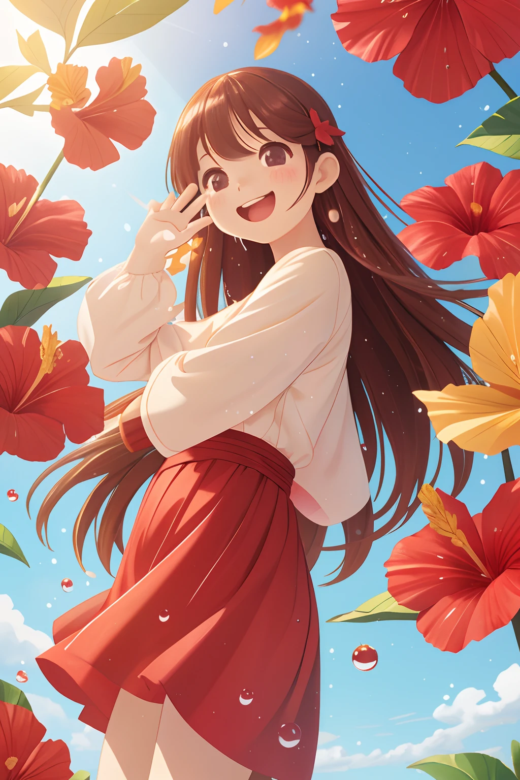 photoRealstic、Stand in front of the photo、laugh face、Water droplets on the cheeks、kawaii pose、Flowing Red Silk、bustup、Eye Up、Hibiscus petals、Blurring、brown haired、blue-sky、depth of fields、season!!: 夏☀ 🍂 ハイビスカス