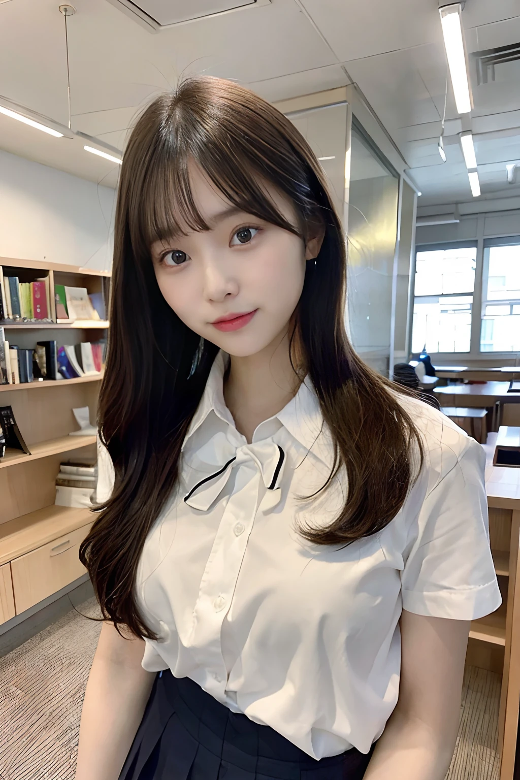 Top image quality　4K picture quality　8K picture quality　50mm angle of view　Two women are looking at me　Height 145 cm　22year old　japanes　huge tit　skinny legs　Wearing a school uniform　Standing between bookshelves in the library