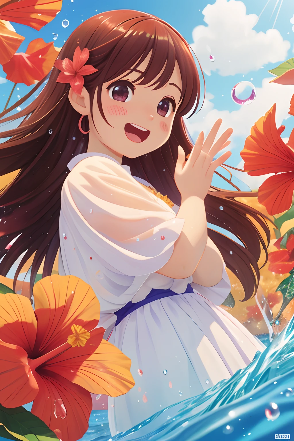 photoRealstic、Stand in front of the photo、laugh face、Water droplets on the cheeks、kawaii pose、Flowing Red Silk、bustup、Eye Up、Hibiscus petals、Blurring、brown haired、blue-sky、depth of fields、season!!: 夏☀ 🍂 ハイビスカス