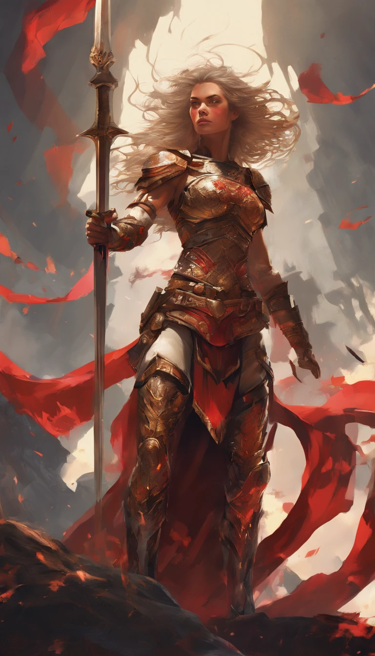 Tall muscled defined woman, detailed armor, red and gold engraved leather Cuirass, intricate designs on the Cuirass, intricate Cuirass engravings, imposing and powerful stance, fierce expression, red wild mane braided hair, dynamic pose, intense battle scene, fantasy setting, vibrant colors, dramatic lighting, epic atmosphere, mythical creatures in the background, magical effects surrounding the sword,  attention to anatomy and facial features, iconic use of highlights and shadows, capturing emotion, masterful composition, portraying strong female characters. (best quality, 4k resolution, highres, ultra-detailed, photorealistic:1.37), HDR lighting, studio-quality rendering, professional-quality artwork based on yoshitaka amano work.