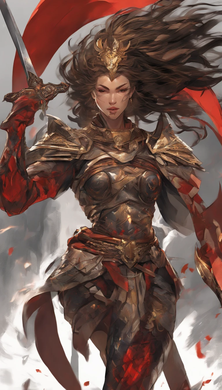 Tall muscled defined woman, detailed armor, red and gold engraved leather Cuirass, intricate designs on the Cuirass, intricate Cuirass engravings, imposing and powerful stance, fierce expression, red wild mane braided hair, dynamic pose, intense battle scene, fantasy setting, vibrant colors, dramatic lighting, epic atmosphere, mythical creatures in the background, magical effects surrounding the sword,  attention to anatomy and facial features, iconic use of highlights and shadows, capturing emotion, masterful composition, portraying strong female characters. (best quality, 4k resolution, highres, ultra-detailed, photorealistic:1.37), HDR lighting, studio-quality rendering, professional-quality artwork based on yoshitaka amano work.