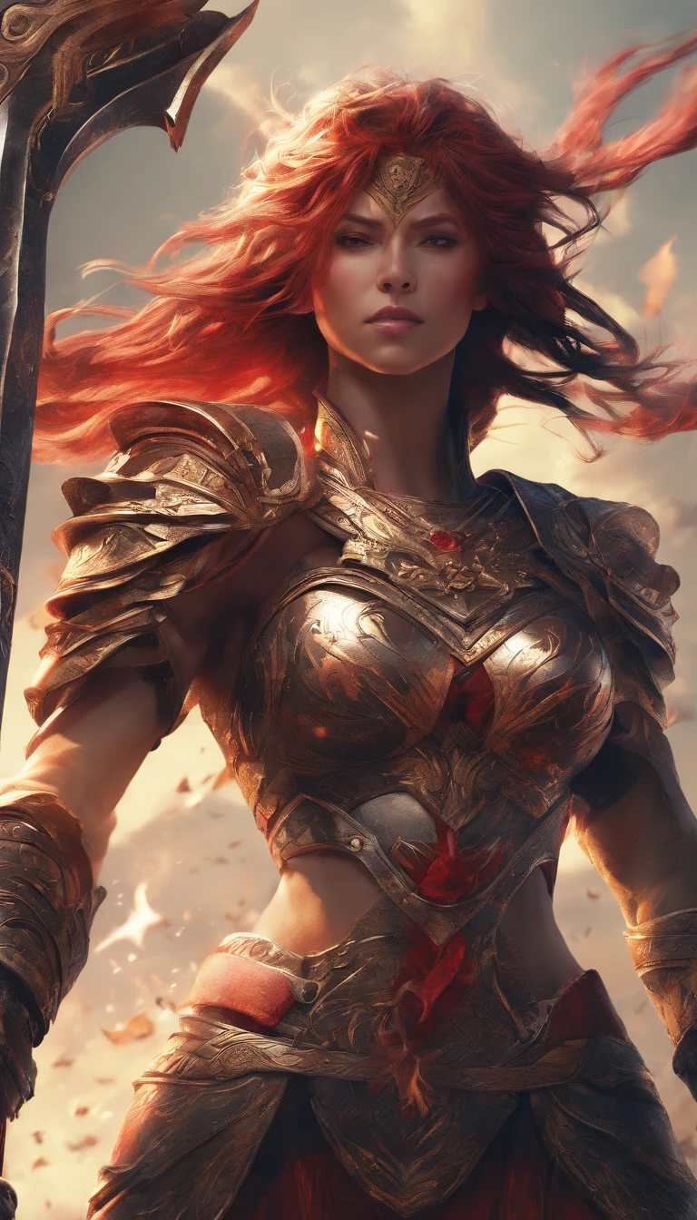 Tall muscled defined woman, detailed armor, red and gold engraved leather Cuirass, intricate designs on the Cuirass, intricate Cuirass engravings, imposing and powerful stance, fierce expression, red wild mane braided hair, dynamic pose, intense battle scene, fantasy setting, vibrant colors, dramatic lighting, epic atmosphere, mythical creatures in the background, magical effects surrounding the sword,  attention to anatomy and facial features, iconic use of highlights and shadows, capturing emotion, masterful composition, portraying strong female characters. (best quality, 4k resolution, highres, ultra-detailed, photorealistic:1.37), HDR lighting, studio-quality rendering, professional-quality artwork based on yoshitaka amano work.