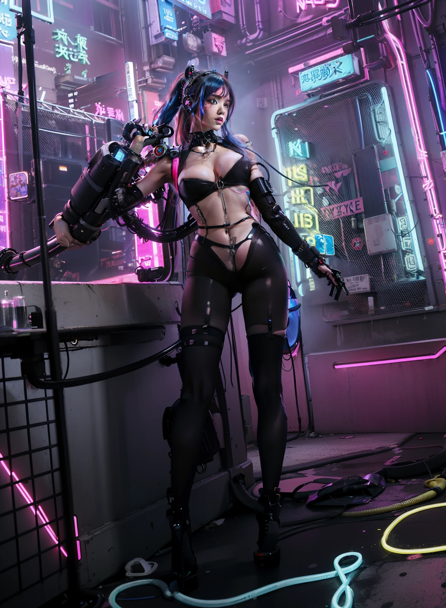 (masutepiece, of the highest quality, Best quality, offcial art, Beautiful and aesthetic:1.2),(1girl in:1.4),full bodyesbian,([Pink|Blue] Hair:1.5),The is very detailed,(Fractal art:1.3),(Colorful:1.5),highest details,(Mechanical modification:1.3),(corrected:1.2),teens girl,(A complex mechanical conduit is inserted into the back:1.5),catheter,(neon light background:1.4),(Neon City:1.75),Night,Large breasts,(Gothic_Lolita:1.2),high-heels,(:0.75),Makeup,Blush,(Cyberpunk:1.4),((view the viewer:1.3)),((Looking back)),Sofia Boutella, brunette, Sunburn, Colossal tits, Nikon D850 Film Stock Photography 4 Kodak Portra 400 Camera F1.6 lens rich colors hyper realistic lifelike texture dramatic lighting unrealengine trending on artstation cinestill 800,