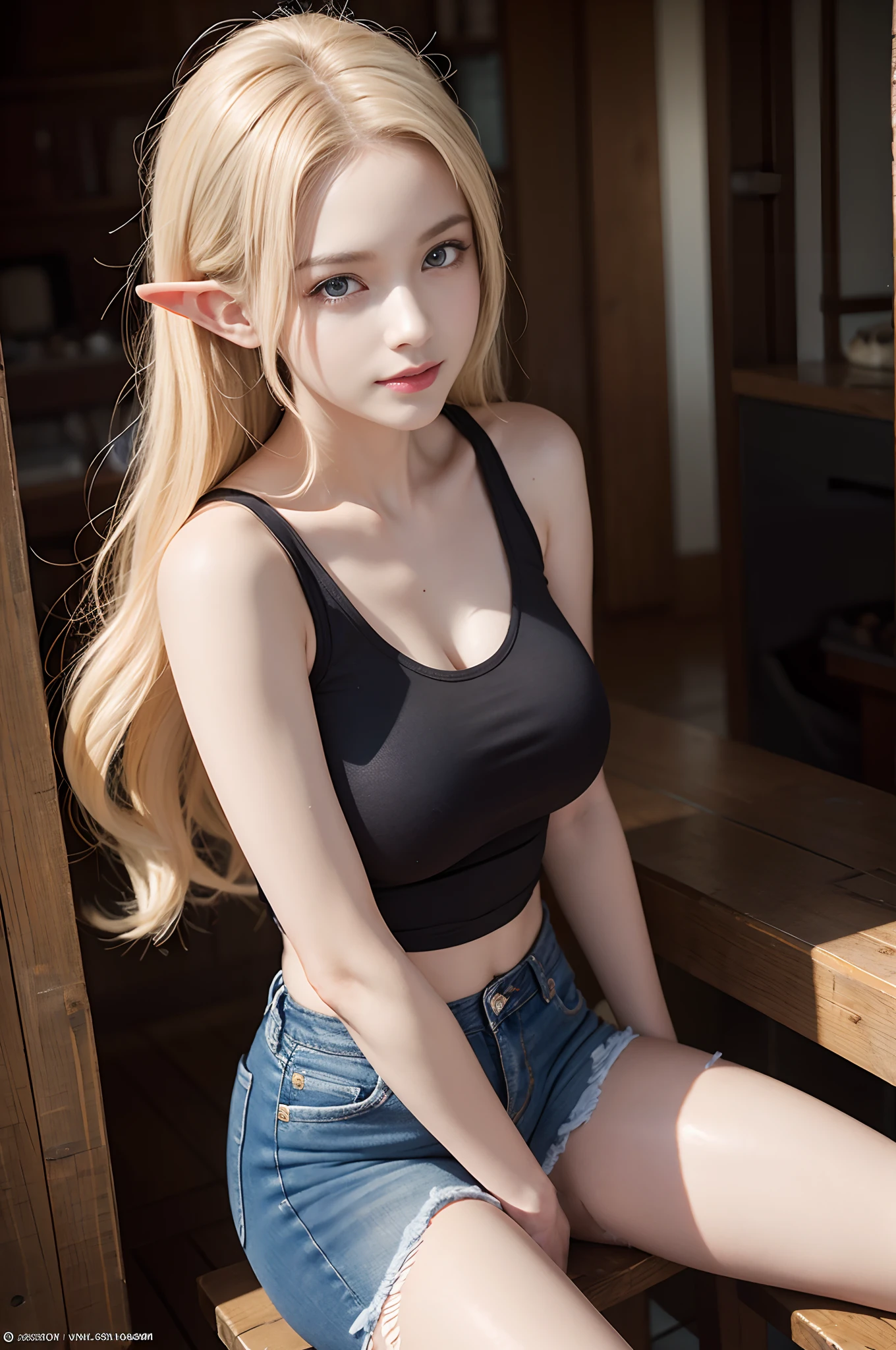 (milf elf:1.3), (8k, best quality, masterpiece:1.2), (realistic, photo-realistic:1.37), (RAW photo:1.3), best quality, masterpiece, unity, an extremely delicate and beautiful, extremely detailed, Amazing, finely detail, masterpiece, best quality, official art, absurdres, incredibly absurdres, huge filesize, ultra-detailed, highres, extremely detailed, beautiful detailed girl, extremely detailed eyes and face, beautiful detailed eyes, (Korean idol face:1.3), (light on face, face light:1.3), (cinematic light, studio lighting:1.3), 18 years old, (detailed white sleeveless tight halter-neck sweater:1.3), (skinny denim pants:1.3), (elf ear:1.1), (pale skin:1.3), (shiny-blonde hair, extra long straight hair, pony tail hair style:1.3), (slender, abs:1.15), (huge-breasted:1.3), (narrow waist:1.15), (detailed deep fog European sea of trees background:1.25), bokeh, depth of field, early morning, (upper body image:1.3), (seductive smile:1.1), (seductive sexy-model pose:1.3), smoke,