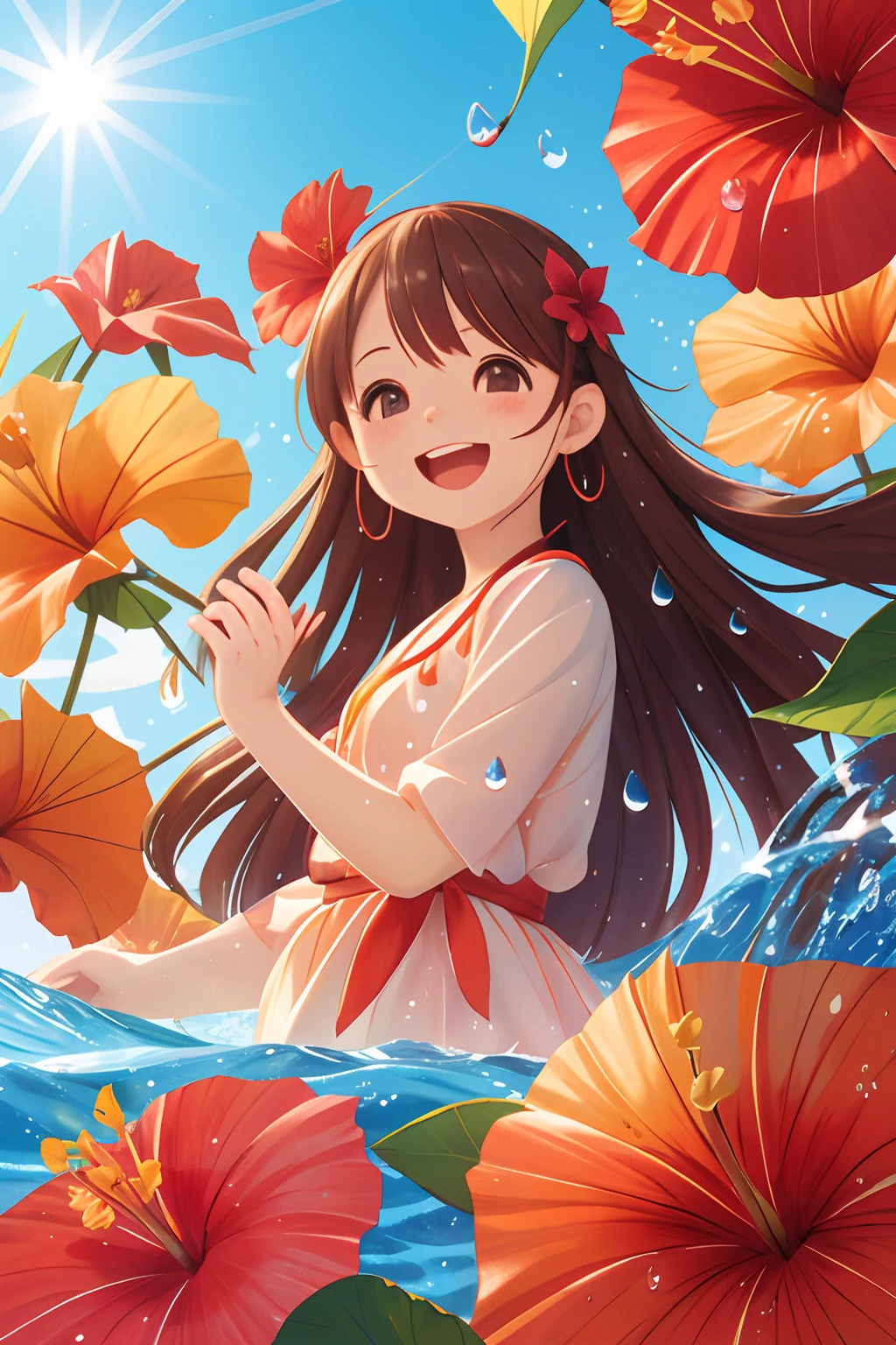 photoRealstic、Stand in front of the photo、laugh face、Water droplets on the cheeks、kawaii pose、Flowing Red Silk、bustup、Eye Up、Hibiscus petals、Blurring、brown haired、blue-sky、depth of fields、season!!: 夏☀ 🍂 ハイビスカス