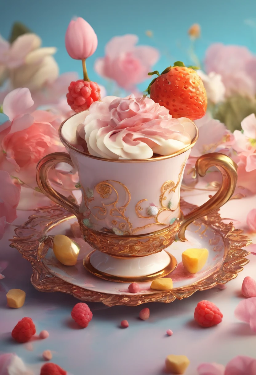 projected inset, Rococo style, hyper HD, masutepiece, ccurate, Super Detail, high details, awardwinning, High quality, 8K
（Close up of royal premium tea cup and whipped cream cake），（scoop，fresh flowers，butterflys，Chocolate）（Perfect integration：1.37），Surrealist amazing food illustrations, amazing composition, Cooking Art Photography, Great food pictures, 3 Illustrations, Artwork Baking, cinema 4 d art, Authors：by Marie Bashkirtseff, made with photoshop, 3D Collage, 3 d epic illustrations, beeple. hyperphotorealism