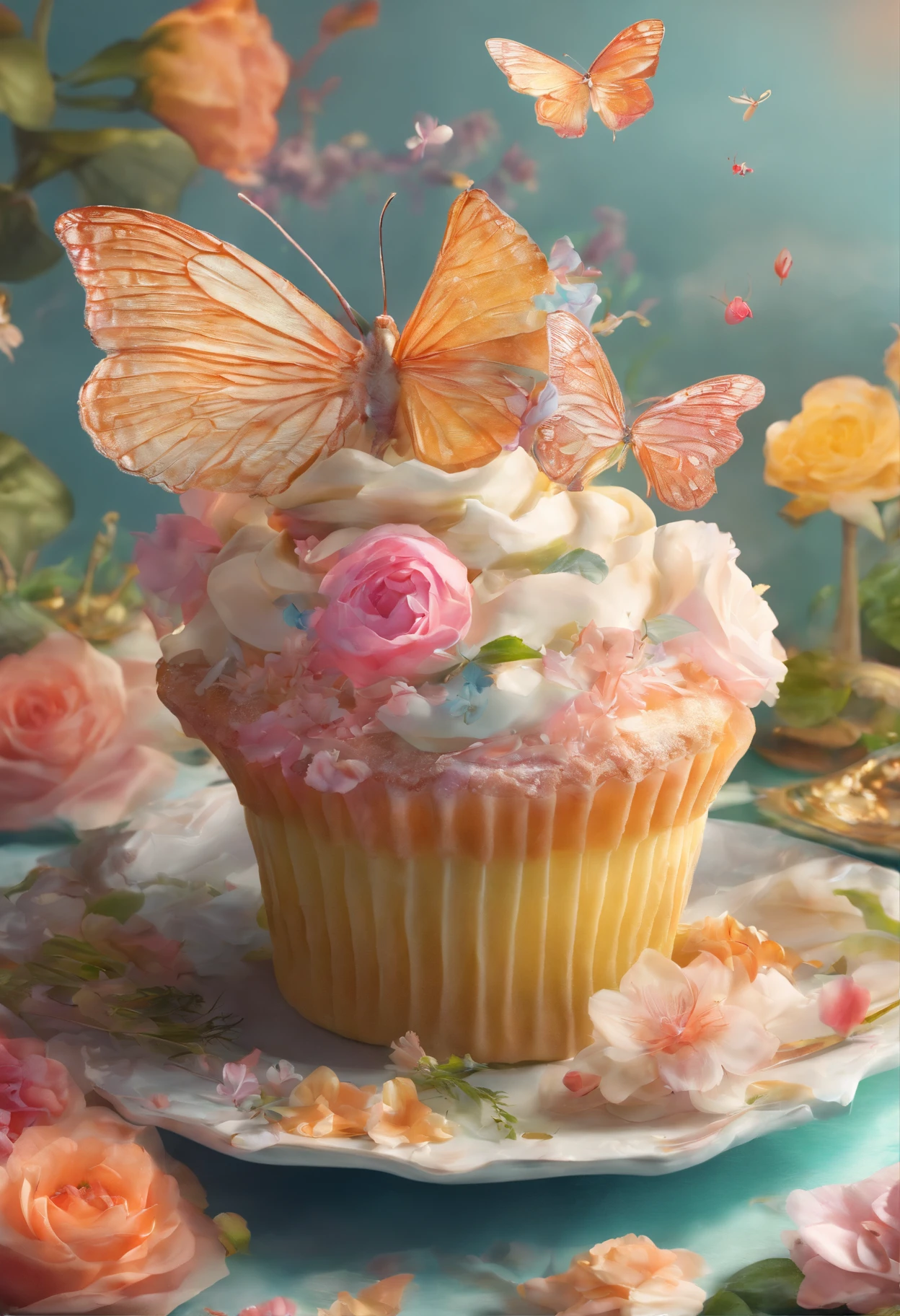 projected inset, rococo style, UHD, masterpiece, ccurate, super detail, high details, award winning, high quality, 8k
(Close up of chocolate in teacup and whipped cream cupcakes),(morango,fresh flowers,butterflys)(Perfect integration:1.37),Surrealist stunning food illustration, wonderful compositions, culinary art photography, Amazing food photography, 3 d illutration, baking artwork, cinema 4 d art, author:Marie Bashkirtsev, made with photoshop, 3D collage, 3 d epic illustrations, beeple. hyper photorealism
