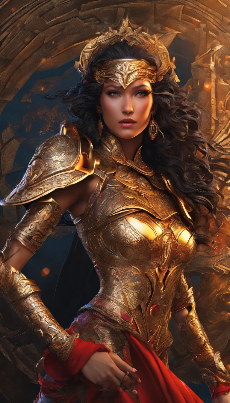 Tall muscled defined woman, detailed armor, red and gold engraved leather Cuirass, intricate designs on the Cuirass, intricate Cuirass engravings, imposing and powerful stance, fierce expression, red wild mane braided hair, dynamic pose, intense battle scene, fantasy setting, vibrant colors, dramatic lighting, epic atmosphere, mythical creatures in the background, magical effects surrounding the sword, attention to anatomy and facial features, iconic use of highlights and shadows, capturing emotion, masterful composition, portraying strong female characters. (best quality, 4k resolution, highres, ultra-detailed, photorealistic:1.37), HDR lighting, studio-quality rendering, professional-quality artwork based on yoshitaka amano work.
