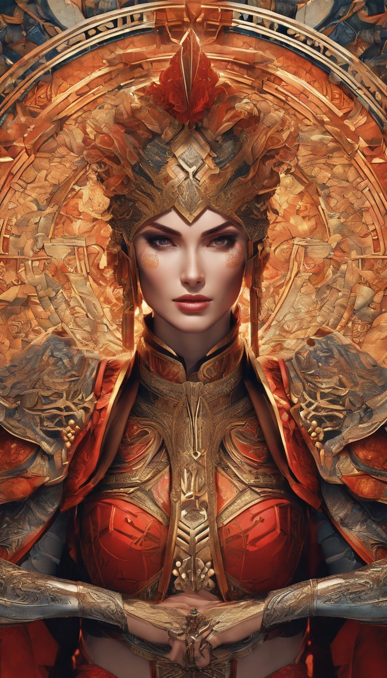 Tall muscled defined woman, detailed armor, red and gold engraved leather Cuirass, intricate designs on the Cuirass, intricate Cuirass engravings, imposing and powerful stance, fierce expression, red wild mane braided hair, dynamic pose, intense battle scene, fantasy setting, vibrant colors, dramatic lighting, epic atmosphere, mythical creatures in the background, magical effects surrounding the sword, attention to anatomy and facial features, iconic use of highlights and shadows, capturing emotion, masterful composition, portraying strong female characters. (best quality, 4k resolution, highres, ultra-detailed, photorealistic:1.37), HDR lighting, studio-quality rendering, professional-quality artwork based on yoshitaka amano work.