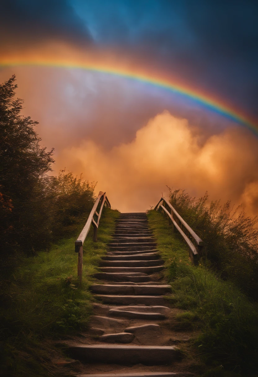 Close-up of the stairs leading to the rainbow sky, stairway to heaven, A very colorful heaven, stairs from hell to heaven, Leading to the Sky, Rainbow clouds, Colors of Heaven, Rainbow Trail, Colorful sky, Rainbow clouds, Heaven!!!!!!!!, rainbow, Rainbow colors, Psychedelic sky, In beautiful colors, Irridescent color, colorful dream, colorful skies
