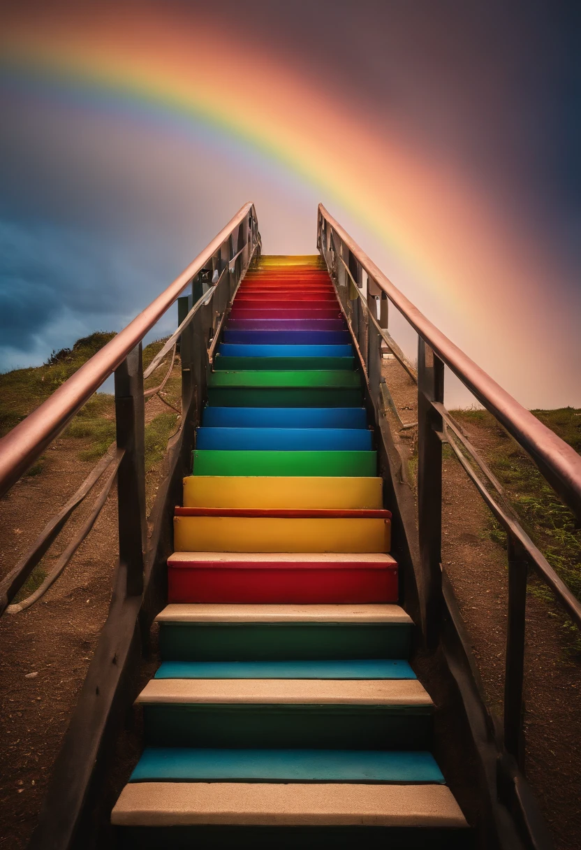 Close-up of the stairs leading to the rainbow sky, stairway to heaven, A very colorful heaven, stairs from hell to heaven, Leading to the Sky, Rainbow clouds, Colors of Heaven, Rainbow Trail, Colorful sky, Rainbow clouds, Heaven!!!!!!!!, rainbow, Rainbow colors, Psychedelic sky, In beautiful colors, Irridescent color, colorful dream, colorful skies