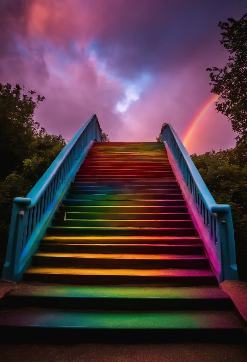 Close-up of the stairs leading to the rainbow sky, stairway to heaven, A very colorful heaven, stairs from hell to heaven, Leading to the Sky, Rainbow clouds, Colors of Heaven, Rainbow Trail, Colorful sky, Rainbow clouds, Heaven!!!!!!!!, rainbow, Rainbow colors, Psychedelic sky, In beautiful colors, Irridescent color, colorful dream, colorful skies