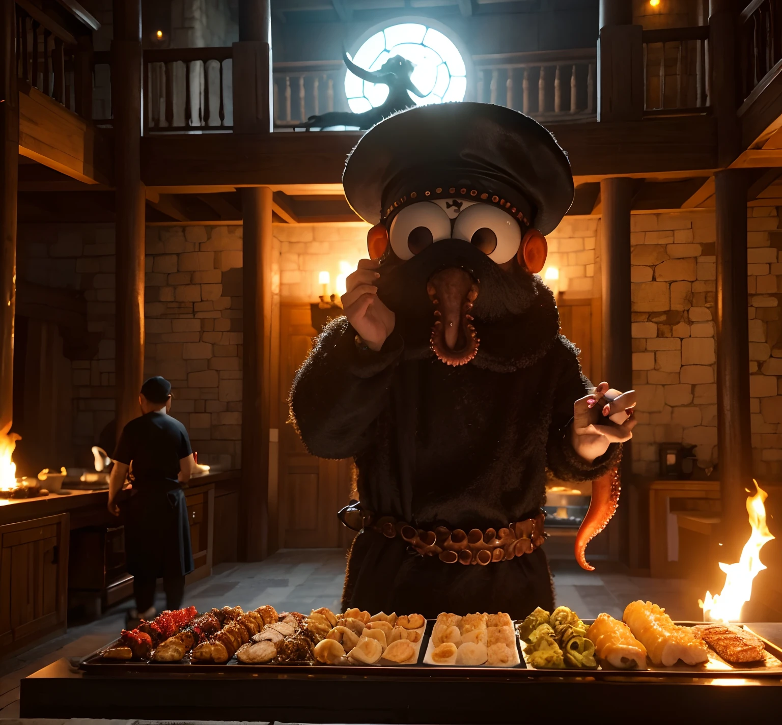 In a hall,An octopus is roasting its tentacles,Octopus is the chef of the Monster Hotel,Guests can enjoy an octopus barbecue,They saw the octopus chef making a barbecue。The hall is decorated like a medieval castle,Ghastly,gloom,Made of stone,Octopus with chef's hat,Tentacle holding a kitchen knife