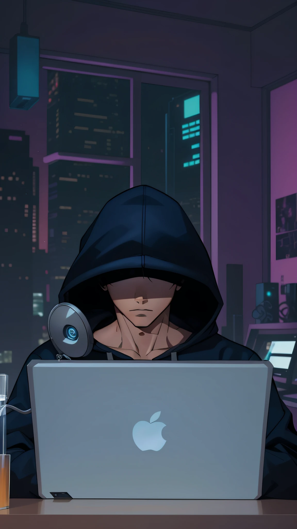 A -yeld boitting in his room cyberpunk style room with a hero decoration, The boy sits in front of him with an open computer, The boy is dressed in a dark-hued hoodie that covers his eyes, Le style artistique est dans le dessin