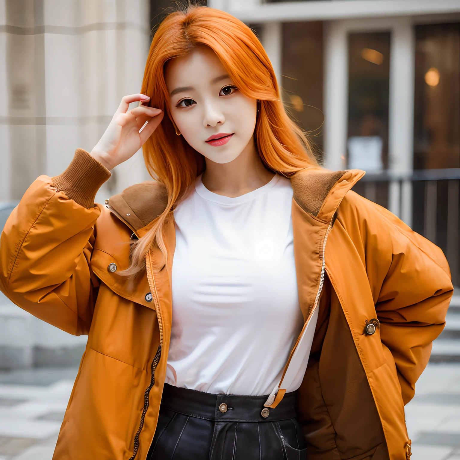 (Masterpiece:1.4), (best quality:1.2), yoo sangah, 1girl, white shirt, brown jacket, orange hair, upper body