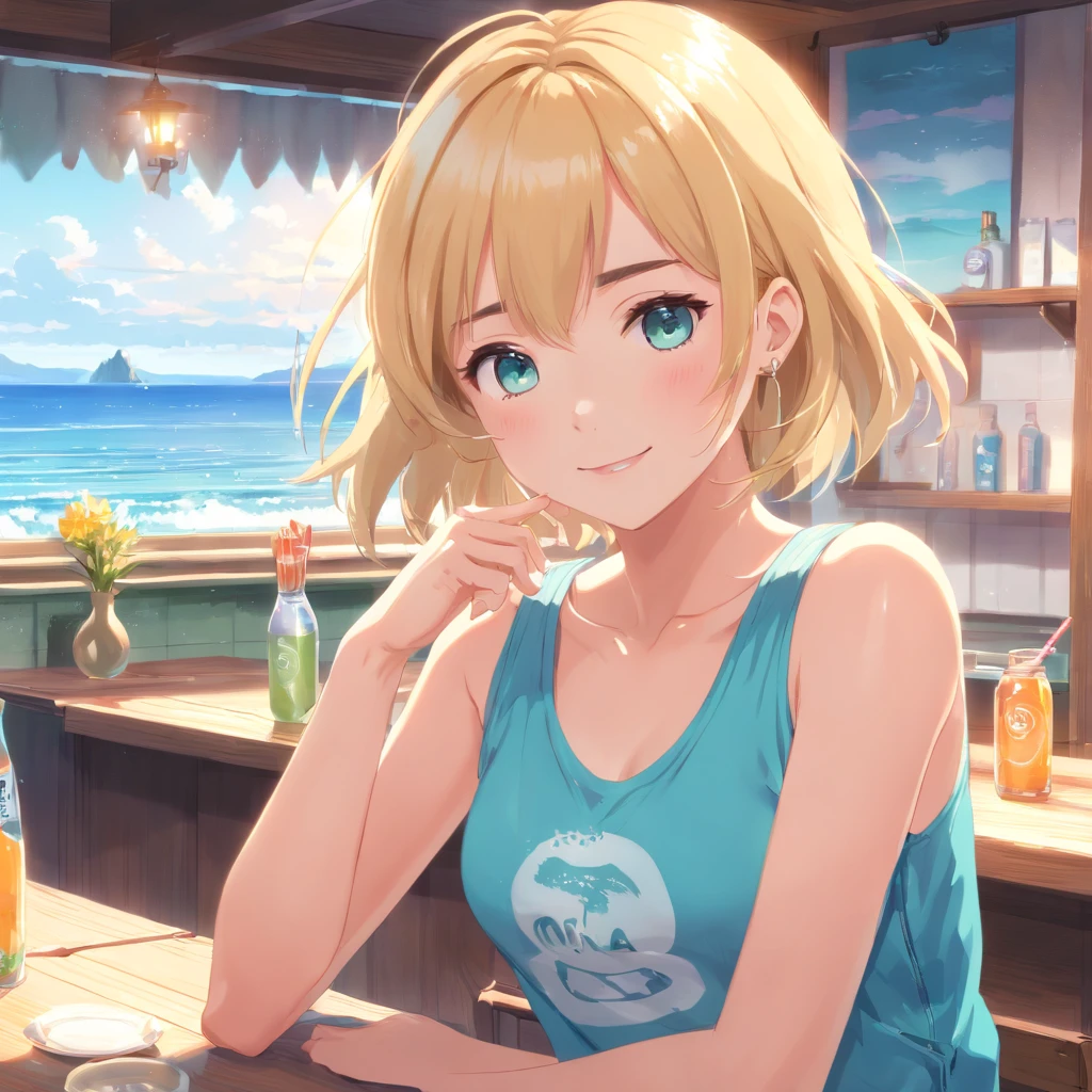 ((((masterpiece)))), high quality, very_high_resolution, large_filesize, full color beautiful 8K. Beautiful 8K. One person, upper body only. A beautiful blonde short bobbed girl sits with a smile on her face enjoying a cold drink. bad straw. She wears sparkly pink earrings and a sparkly teardrop-shaped turquoise blue pendant. She wears a white tank top and damaged denim shorts. The scene is an engawa of a house near the sea with a sparkling sea in the background.
