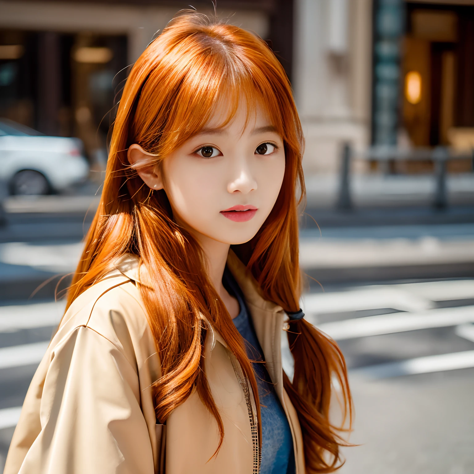 (Masterpiece:1.4), (best quality:1.2), yoo sangah, 1girl, white shirt, brown jacket, orange hair, upper body