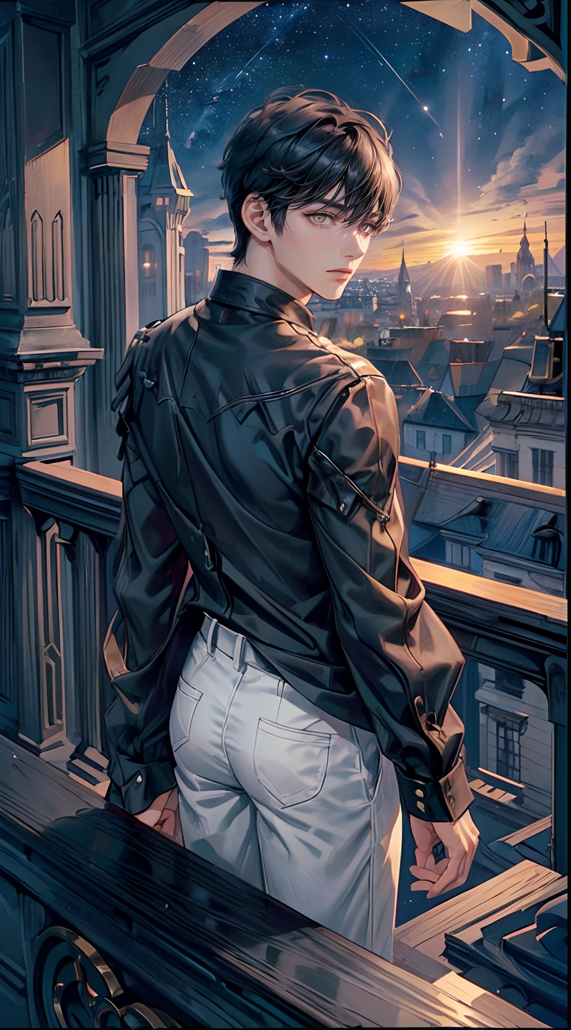 ((4K works))、​masterpiece、(top-quality)、One Beautiful Boy、Slim body、tall、((Black Y-shirt and white pants、Charming street style))、(Detailed beautiful eyes)、Stylish English Black Balcony、Castle inhabited by villains、Black shop window、Balcony at night、((Starry sky in the background))、((dark sky))、((Stylish cityscape))、((Shot on a stylish veranda))、mid night、((Short-haired black hair))、((Smaller face))、((Neutral face))、((White eyes))、((American adult male))、((Adult male 26 years old))、((Cool Men))、((Like a celebrity))、((Wild look))、((Korean Makeup))、((elongated and sharp eyes))、((Happy dating))、((boyish))、((Upper body photography))、Professional Photos、((Shot alone))、((shot from back))、((Shot so that the back of the head is visible))、((Shot in close proximity to him))、((Focus zoom in))、((He is watching the sunset))、((He is standing on the balcony))