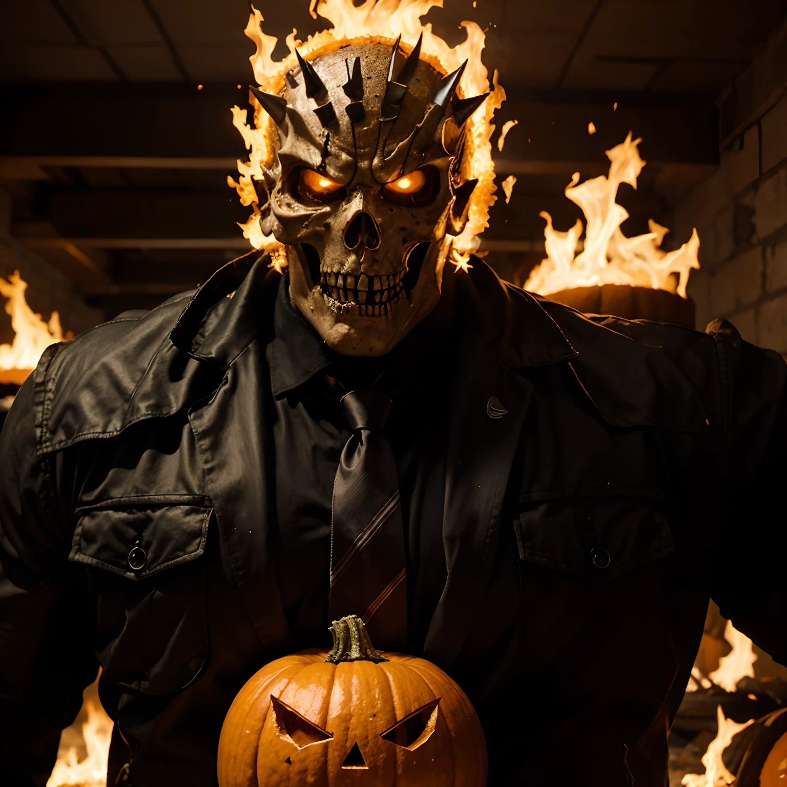 Ghost rider , muscled with huge pecs , hugge torso , huge arms , with a pumpkin on his head like halloween with fire , in suit with a tie ans spikes