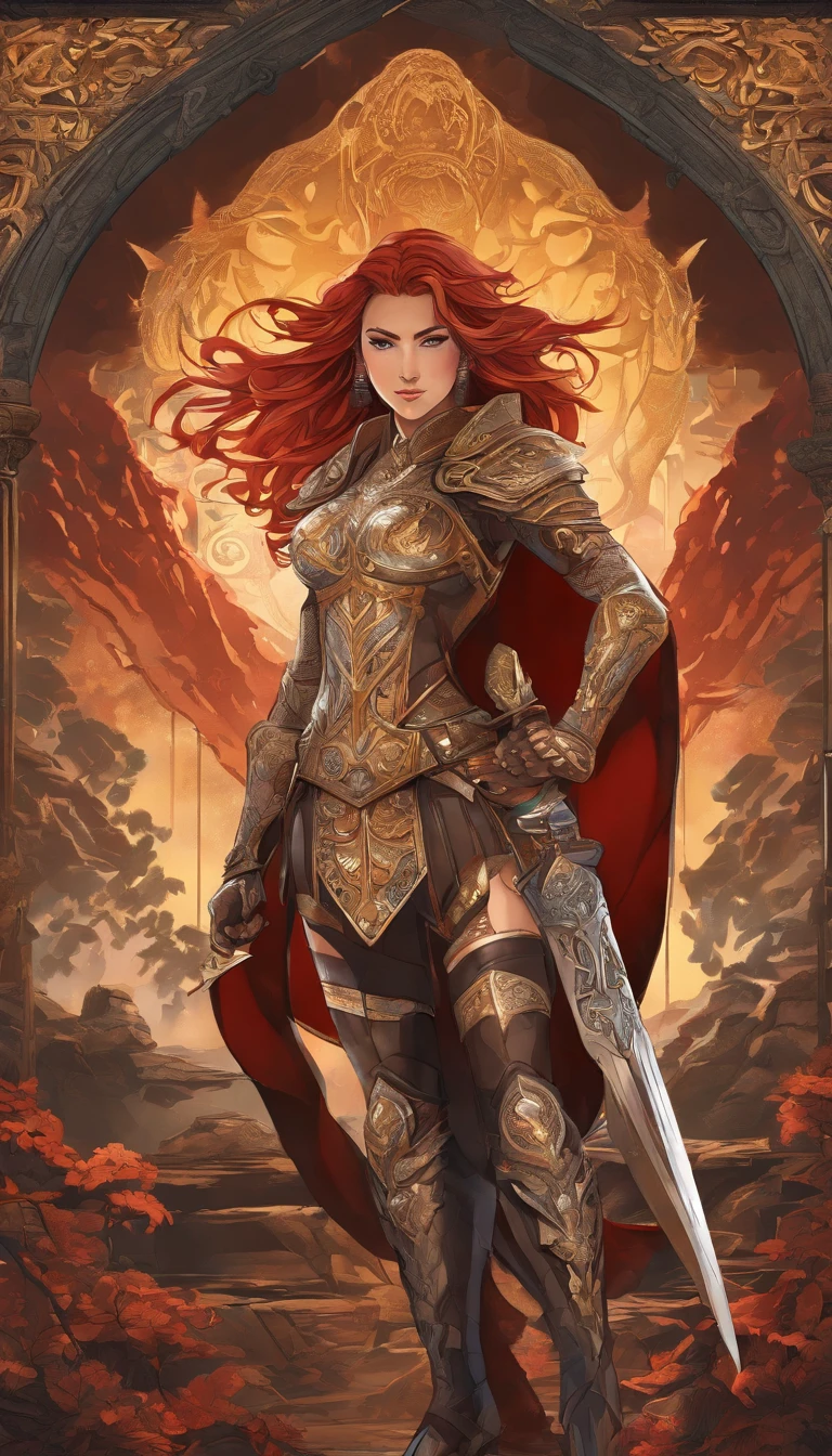 Tall muscled defined woman, detailed armor, red and gold engraved leather Cuirass, intricate designs on the Cuirass, intricate Cuirass engravings, imposing and powerful stance, fierce expression, red wild mane braided hair, dynamic pose, intense battle scene, fantasy setting, vibrant colors, dramatic lighting, epic atmosphere, mythical creatures in the background, magical effects surrounding the sword, attention to anatomy and facial features, iconic use of highlights and shadows, capturing emotion, masterful composition, portraying strong female characters. (best quality, 4k resolution, highres, ultra-detailed, photorealistic:1.37), HDR lighting, studio-quality rendering, professional-quality artwork based on yoshitaka amano work.