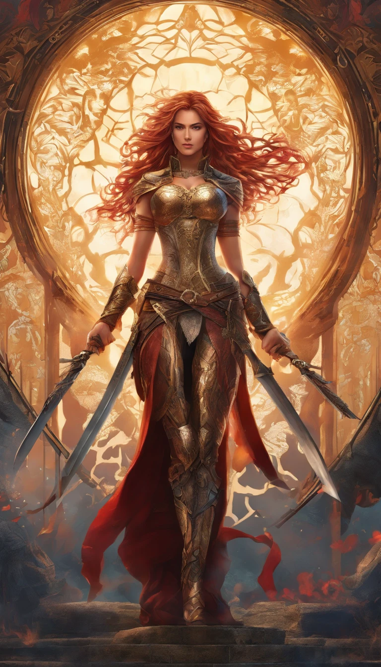 Tall muscled defined woman, detailed armor, red and gold engraved leather Cuirass, intricate designs on the Cuirass, intricate Cuirass engravings, imposing and powerful stance, fierce expression, red wild mane braided hair, dynamic pose, intense battle scene, fantasy setting, vibrant colors, dramatic lighting, epic atmosphere, mythical creatures in the background, magical effects surrounding the sword, attention to anatomy and facial features, iconic use of highlights and shadows, capturing emotion, masterful composition, portraying strong female characters. (best quality, 4k resolution, highres, ultra-detailed, photorealistic:1.37), HDR lighting, studio-quality rendering, professional-quality artwork based on yoshitaka amano work.