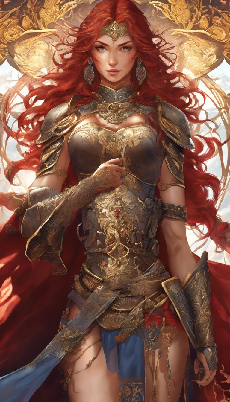Tall muscled defined woman, detailed armor, red and gold engraved leather Cuirass, intricate designs on the Cuirass, intricate Cuirass engravings, imposing and powerful stance, fierce expression, red wild mane braided hair, dynamic pose, intense battle scene, fantasy setting, vibrant colors, dramatic lighting, epic atmosphere, mythical creatures in the background, magical effects surrounding the sword, attention to anatomy and facial features, iconic use of highlights and shadows, capturing emotion, masterful composition, portraying strong female characters. (best quality, 4k resolution, highres, ultra-detailed, photorealistic:1.37), HDR lighting, studio-quality rendering, professional-quality artwork based on yoshitaka amano work.
