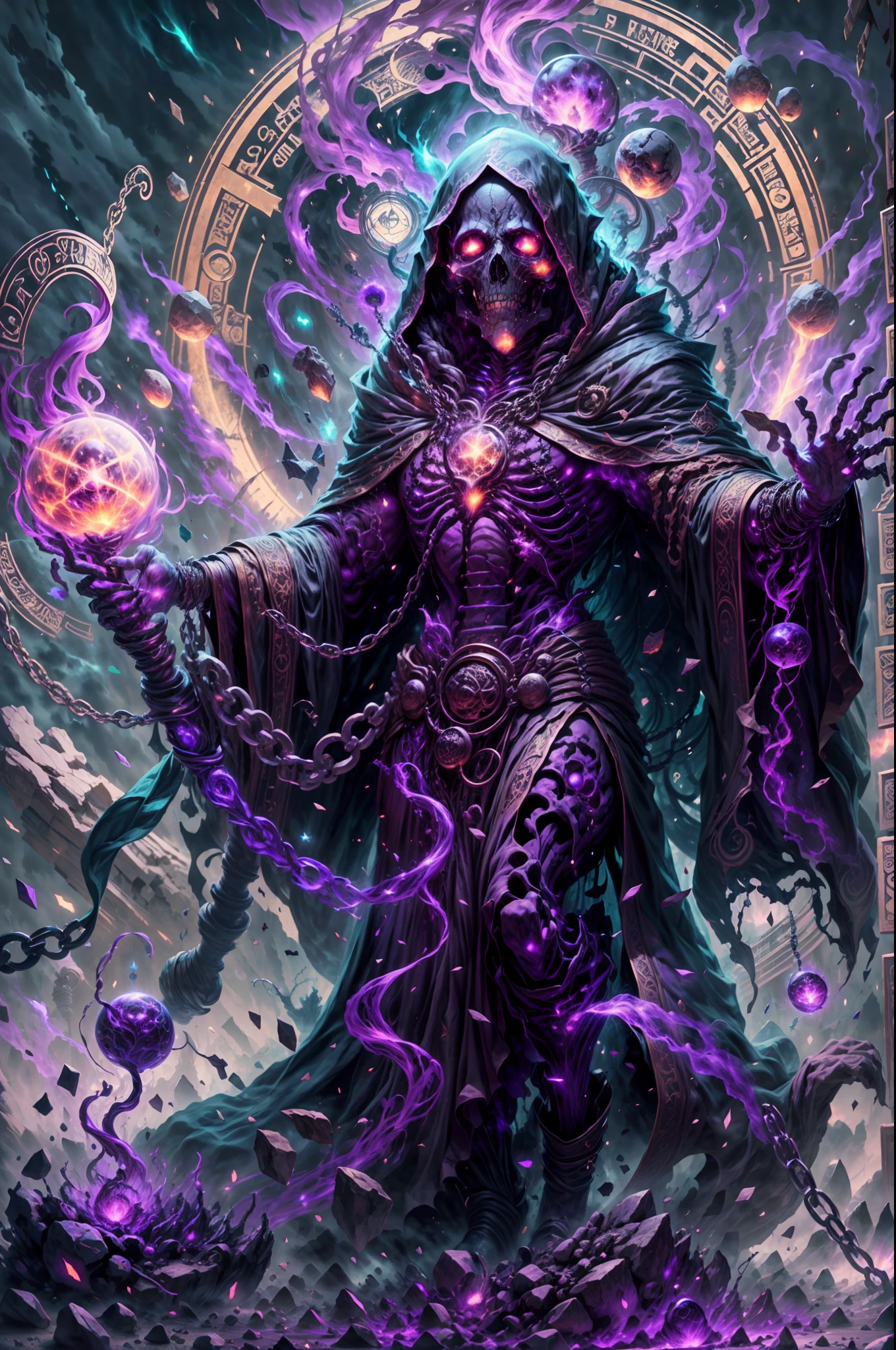 a dark runic skeleton lich, black gold skeleton, magical void energy, glowing eyes,holding a long staff with two hand, casting a spell, energy cracking, dressed in a luxury cloak, astral skulls floating around, earth and rock floating with energy as the lich hold, Detailed glowing runic line floating around, bones and skulls lays on the ground, dark purple energy, floating in the air, energy chain, magic circle on the ground