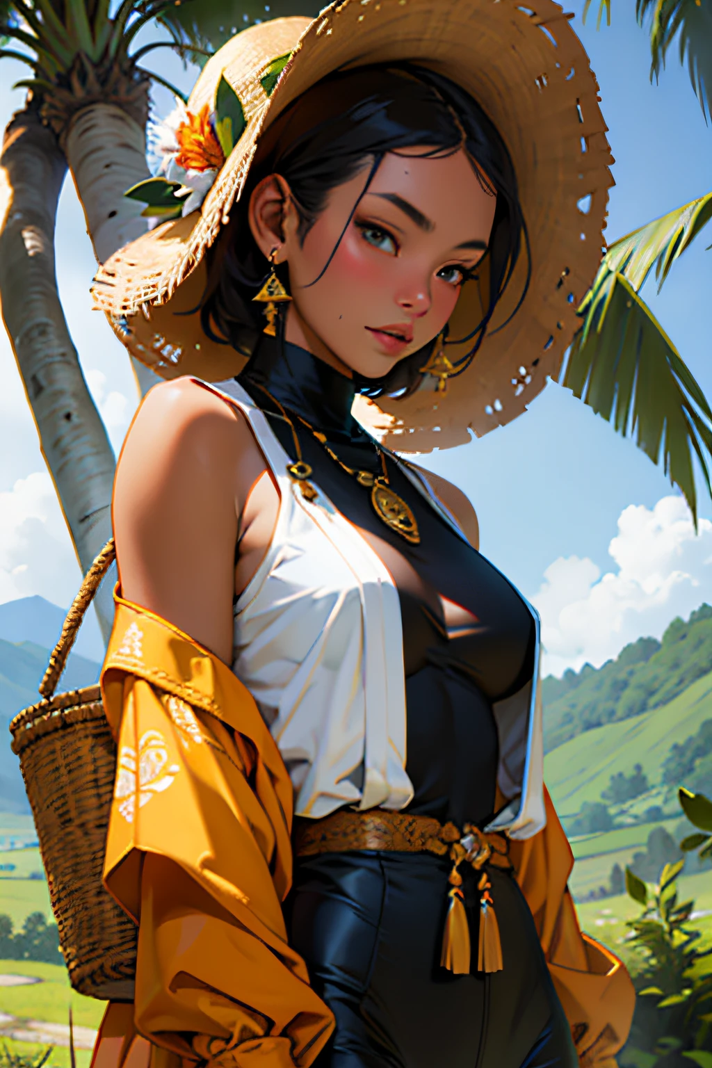 An eastern javanese woman, loose clothes, fantasy, tanned skin, south east asian, modest