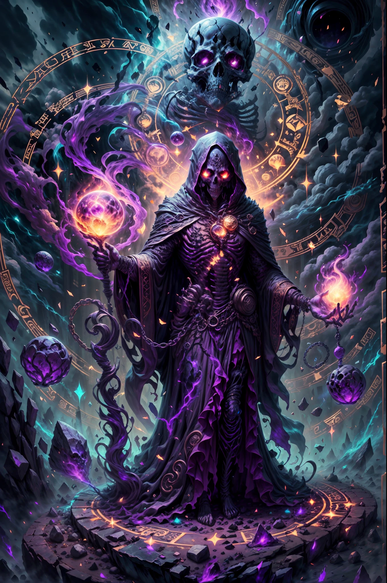 a dark runic skeleton lich, black gold skeleton, magical void energy, glowing eyes,holding a long staff with two hand, casting a spell, energy cracking, dressed in a luxury cloak, astral skulls floating around, earth and rock floating with energy as the lich hold, Detailed glowing runic line floating around, bones and skulls lays on the ground, dark purple energy, floating in the air, energy chain, magic circle on the ground