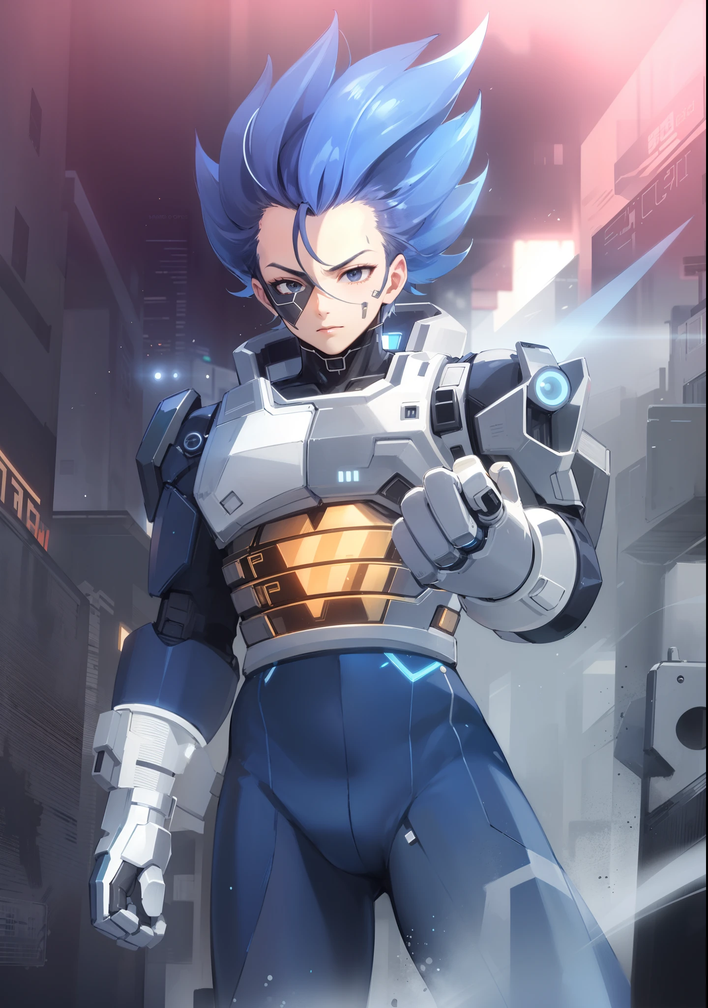 cyber punk, city, 1boy, black hair, black eyes, cyborg
