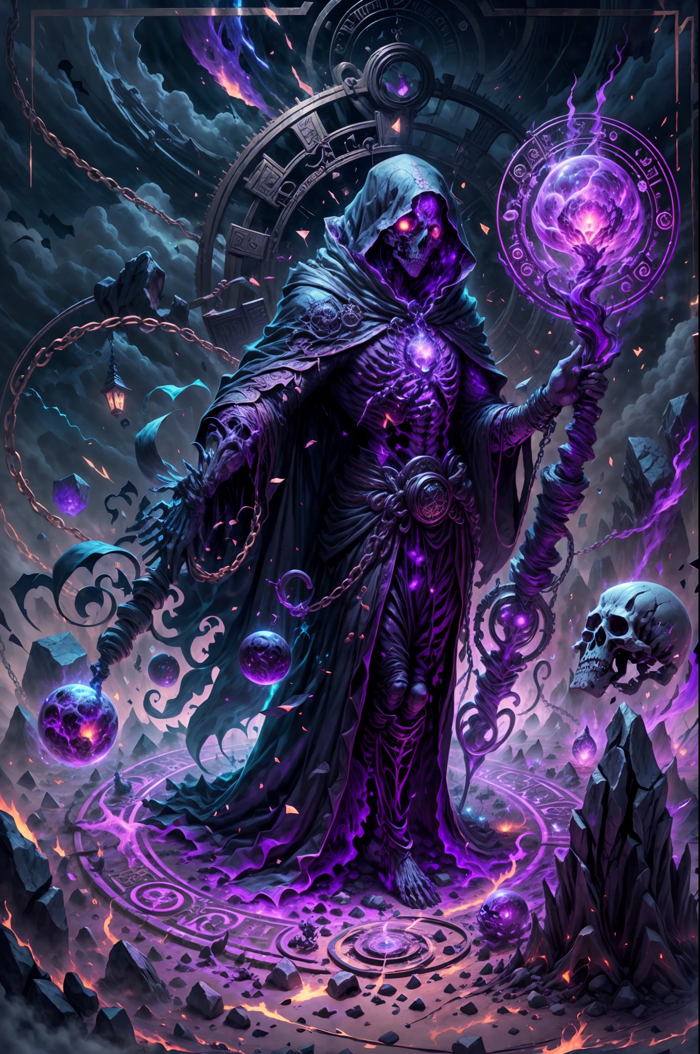 In the shadowed realm where the boundary between life and death blurs, there dwells a human with clear face necromancer whose soul burns with an unearthly purple hue. Once a scholar of forbidden arts, he delved into arcane secrets that shattered his mortal ties and bound him to the spectral energies of the beyond. Describe the necromancer's appearance: clad in robes of midnight velvet adorned with runes of ancient power, his eyes gleaming with a haunting radiance that mirrors the color of his soul. Detail the necromancer's mastery over death: commanding legions of spectral minions and communing with restless spirits to unearth long-buried secrets or bend the will of the deceased to his dark bidding. Explore his motivations: whether driven by a quest for immortality, vengeance against those who wronged him, or a desire to rewrite the laws of life and death itself. In a world where necromancy is both feared and coveted, unravel the necromancer's journey as he navigates the perilous paths of power and the ever-present threat of succumbing to the darkness that fuels his abilities.