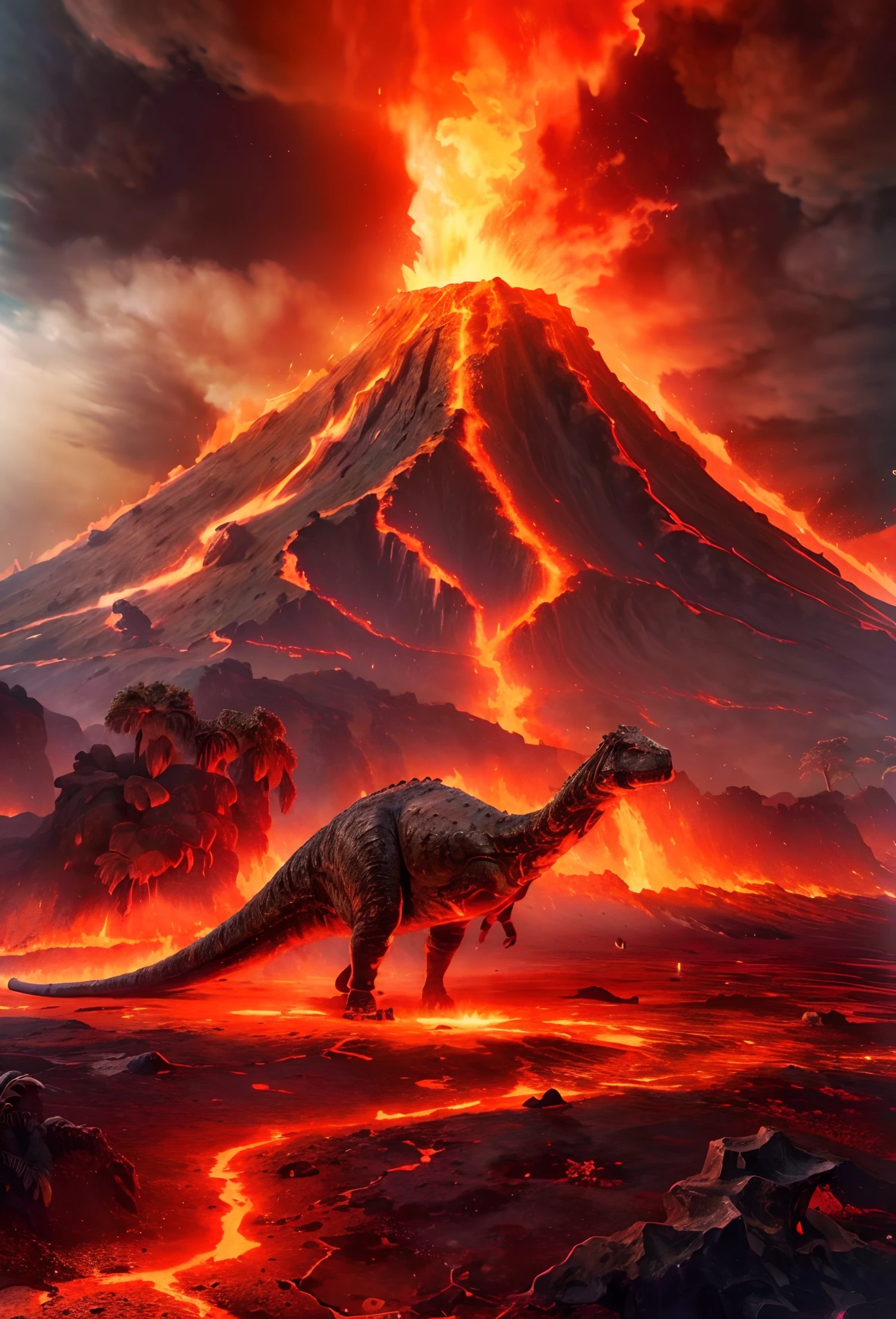 (8K, Highest quality, high resolution, Super detailed), Ancient volcanoes, Major eruptions, Triceratops on the ground,  theelementoffire，molten lava, Shiny red magma, Flowing magma, A massive eruption that wiped out dinosaurs, Black smoke, Lava meteors, natural disaster, Burning earth, theelementoffire