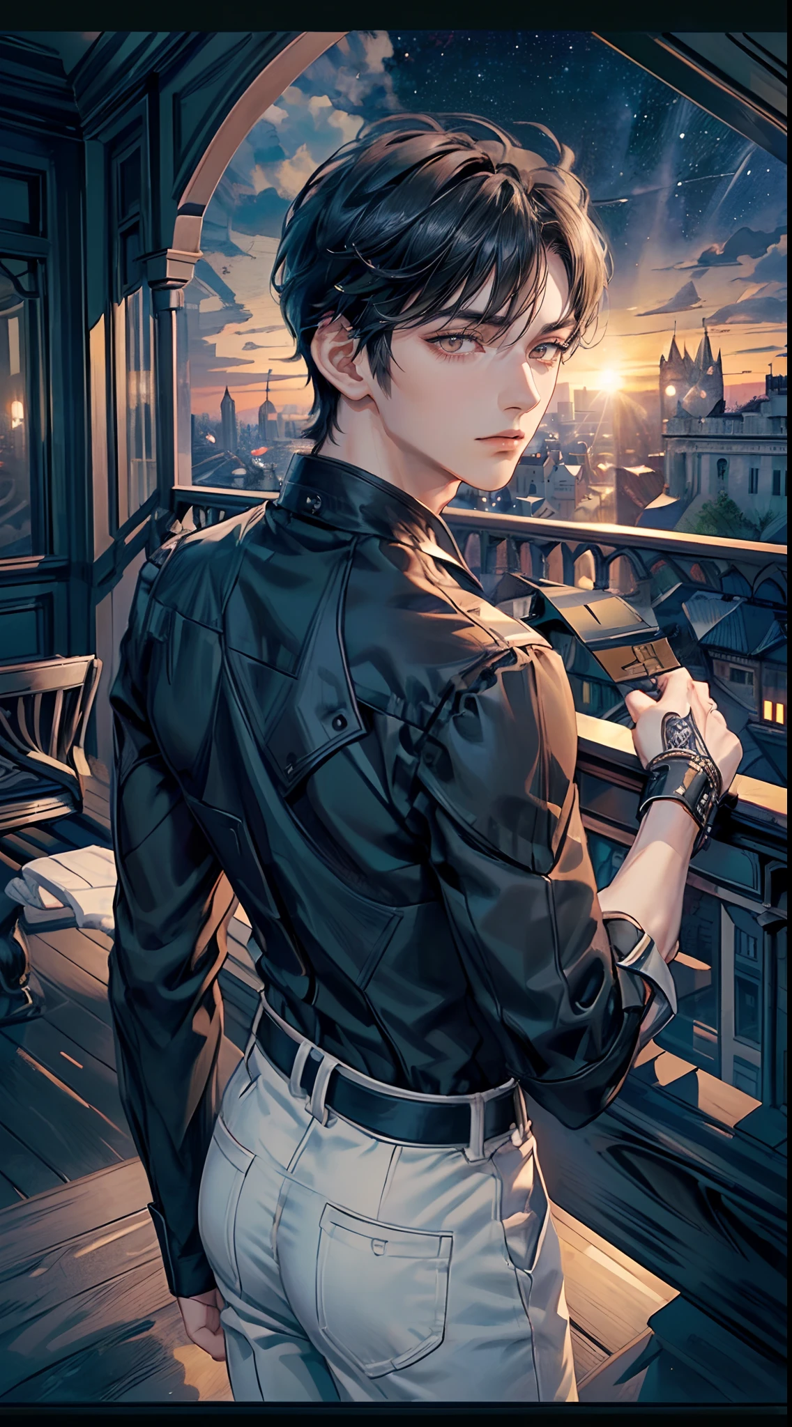 ((4K works))、​masterpiece、(top-quality)、One Beautiful Boy、Slim body、tall、((Black Y-shirt and white pants、Charming street style))、(Detailed beautiful eyes)、Stylish English Black Balcony、Castle inhabited by villains、Black shop window、Balcony at night、((Starry sky in the background))、((dark sky))、((Stylish cityscape))、((Shot on a stylish veranda))、mid night、((Short-haired black hair))、((Smaller face))、((Neutral face))、((White eyes))、((American adult male))、((Adult male 26 years old))、((Cool Men))、((Like a celebrity))、((Wild look))、((Korean Makeup))、((elongated and sharp eyes))、((Happy dating))、((boyish))、((Upper body photography))、Professional Photos、((Shot alone))、((shot from back))、((Shot so that the back of the head is visible))、((Shot in close proximity to him))、((Focus zoom in))、((He is watching the sunset))、((He is standing on the balcony))