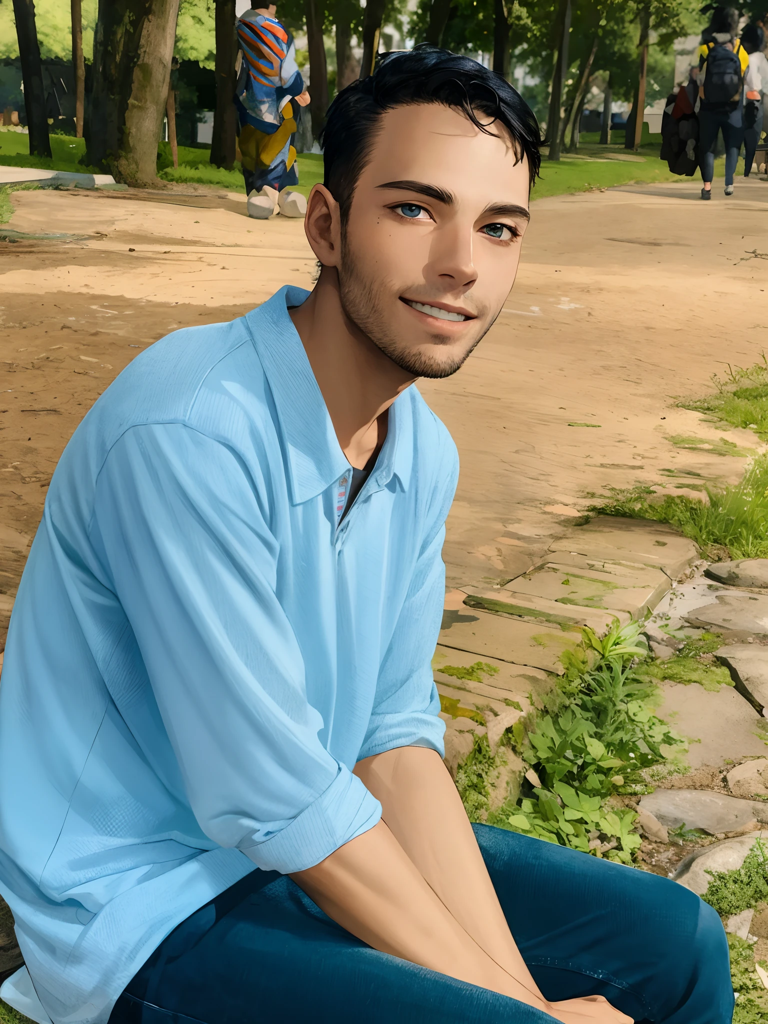 Ridiculous resolution, high resolution, (masterpiece: 1.4), hyper-detail, campus outdoors, young man messy black hair, white suspenders, surprised eyes, walking