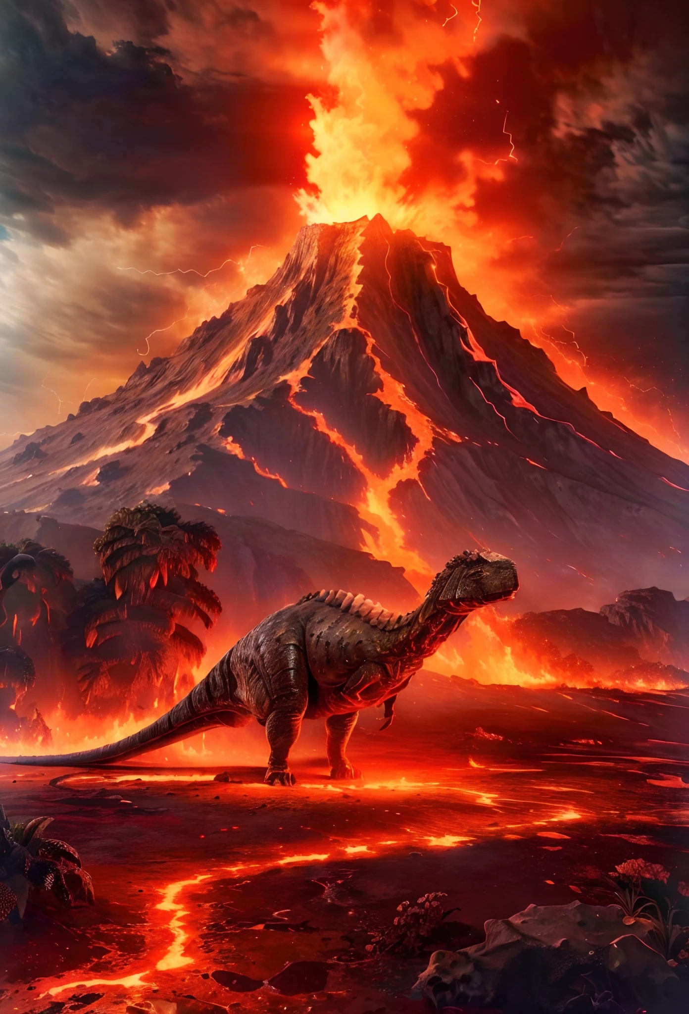 (8K, Highest quality, high resolution, Super detailed), Ancient volcanoes, Major eruptions, Triceratops on the ground,  theelementoffire，molten lava, Shiny red magma, Flowing magma, A massive eruption that wiped out dinosaurs, Black smoke, Lava meteors, natural disaster, Burning earth, theelementoffire